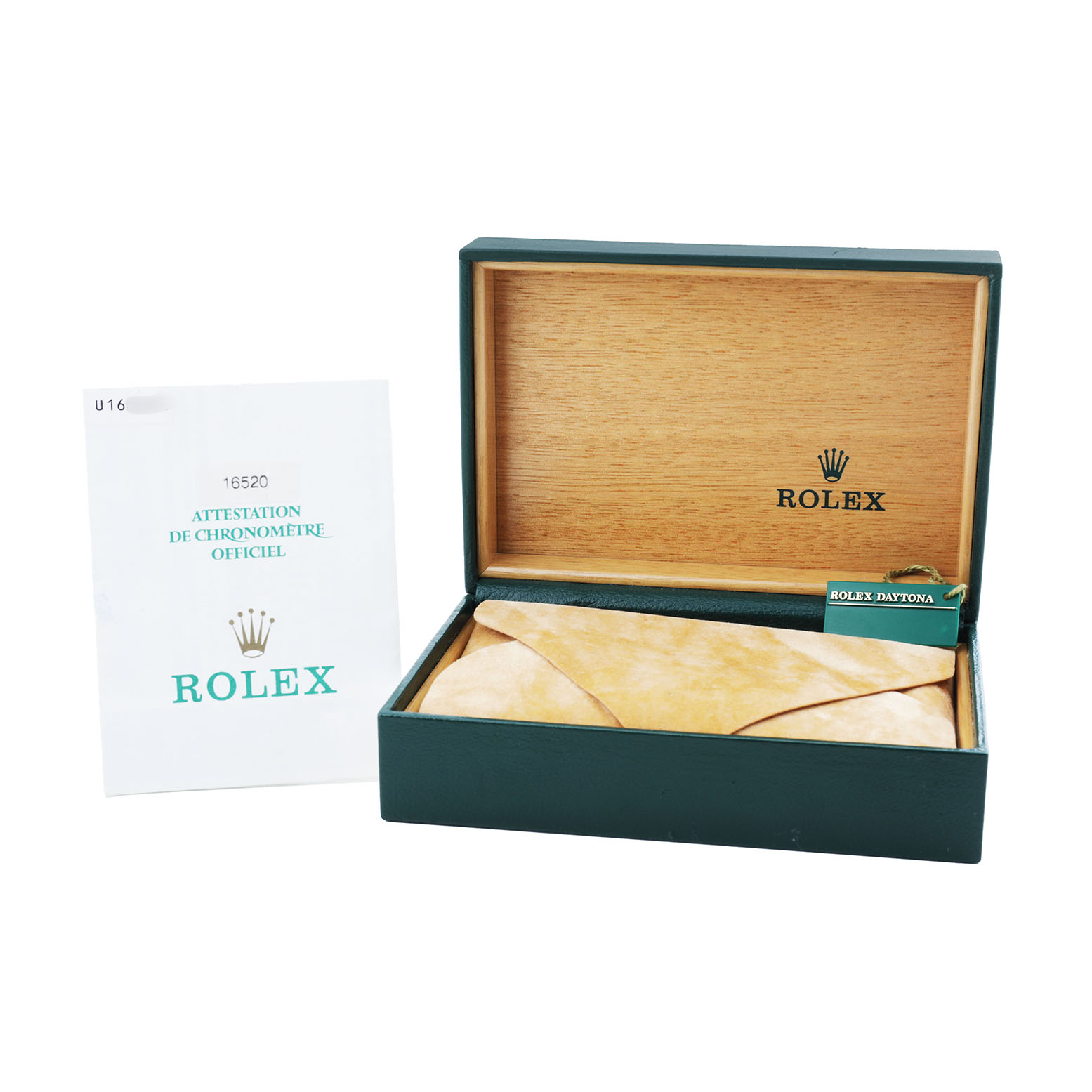 The image shows an open Daytona Rolex watch box with a certificate beside it.