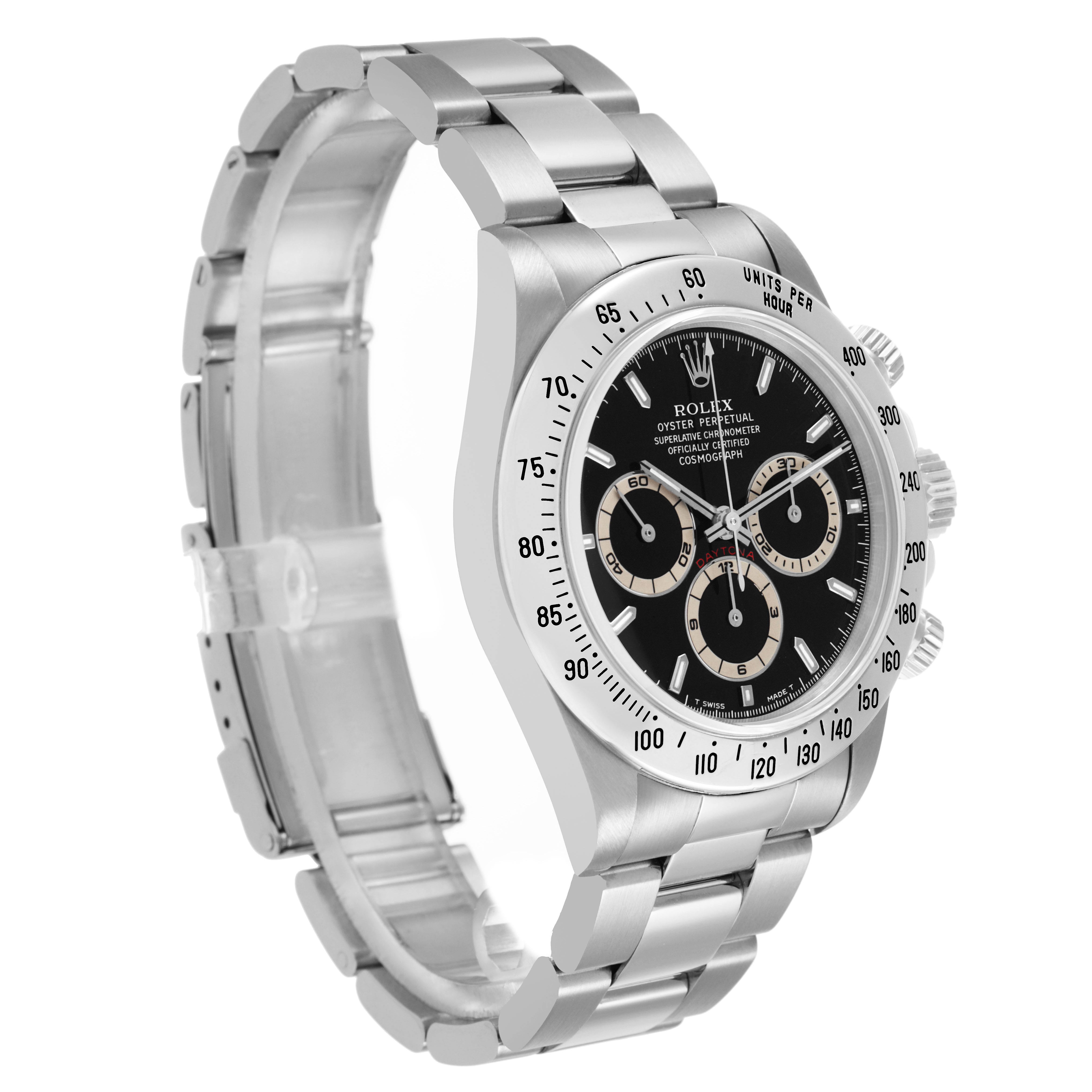 The Rolex Daytona 16520 Men's Stainless Steel Black Dial watch is shown at a three-quarter angle, highlighting the face, bezel, and stainless steel bracelet.