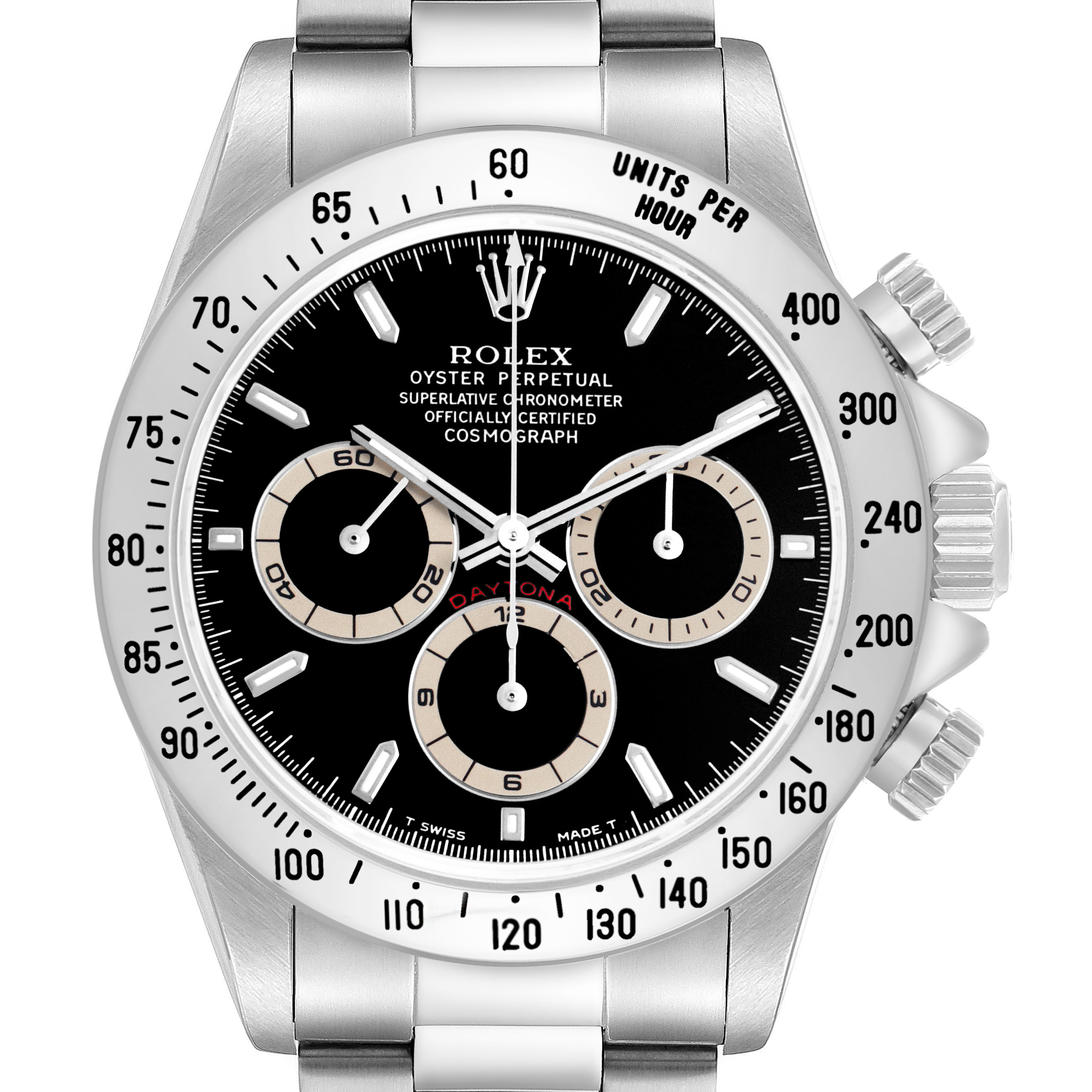 The Rolex Daytona 16520 Men's Stainless Steel Black Dial watch is shown from a front angle, highlighting the dial, bezel, and pushers.