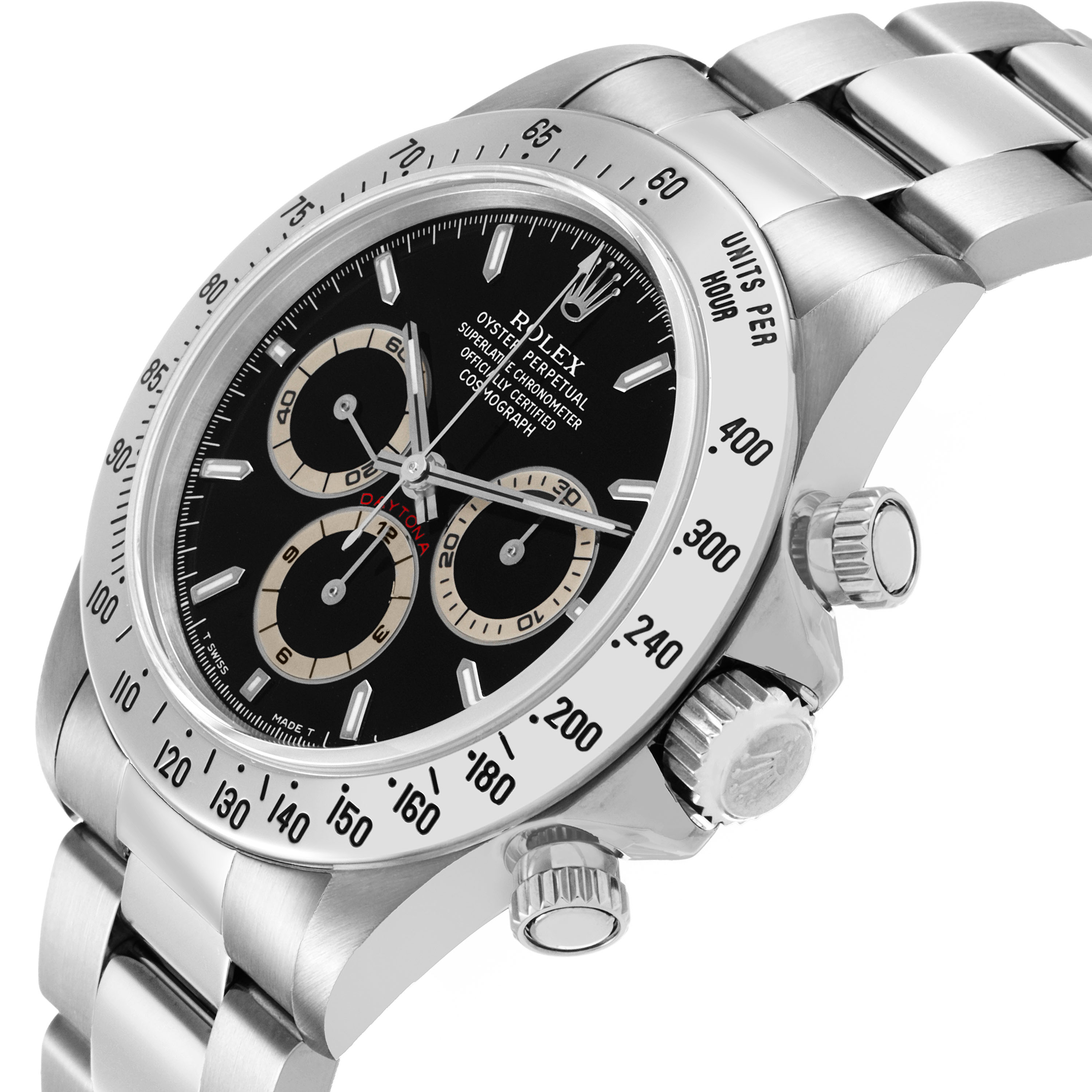 The Rolex Daytona 16520 Men's Stainless Steel Black Dial watch is shown from a side angle, highlighting the bezel, crown, pushers, and stainless steel bracelet.