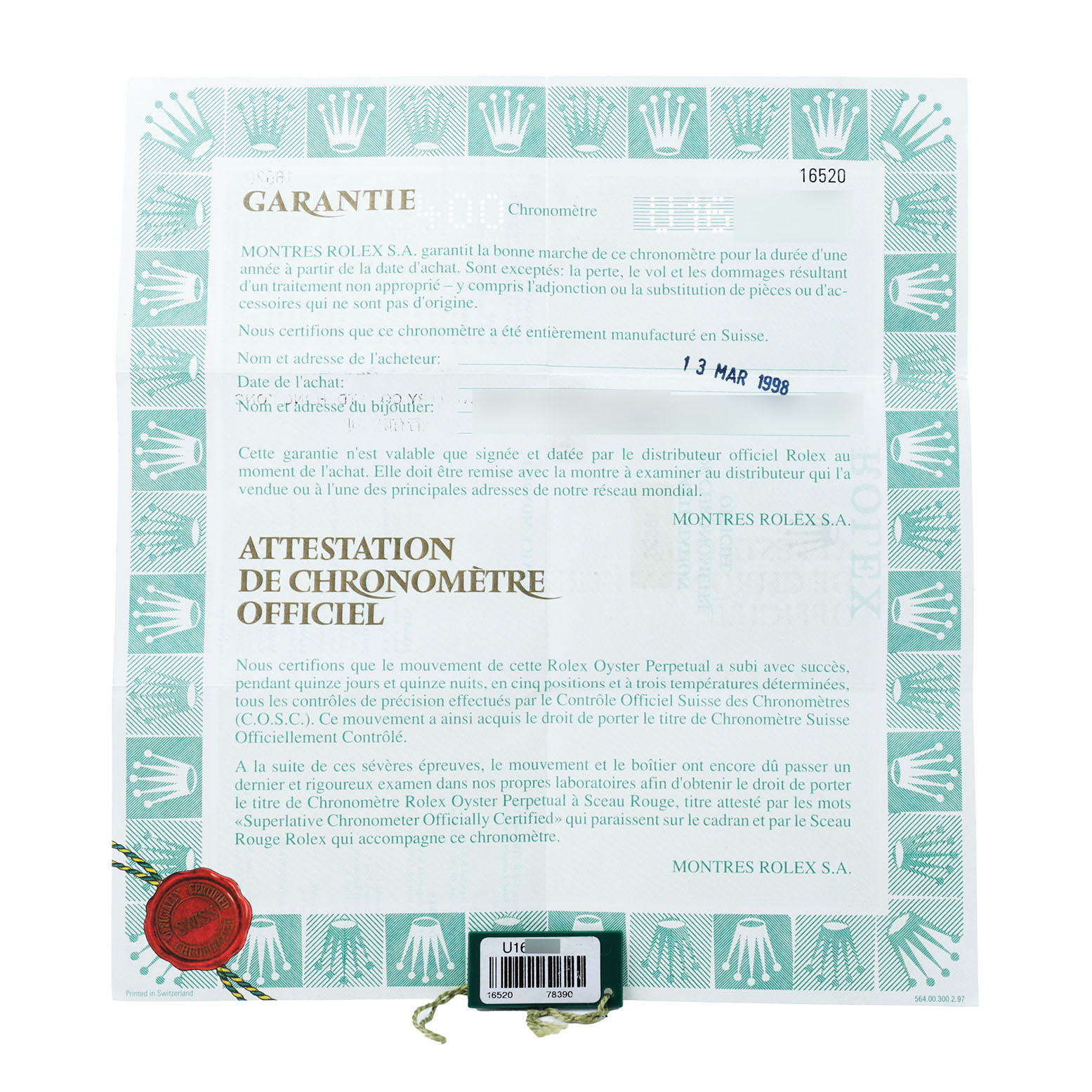 The image shows a warranty and chronometer attestation document for a Rolex Daytona 16520 Men's Stainless Steel Black Dial watch, viewed from above.