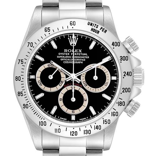 The Rolex Daytona 16520 Men's Stainless Steel Black Dial watch is shown from the front, displaying the dial, bezel, subdials, and bracelet.