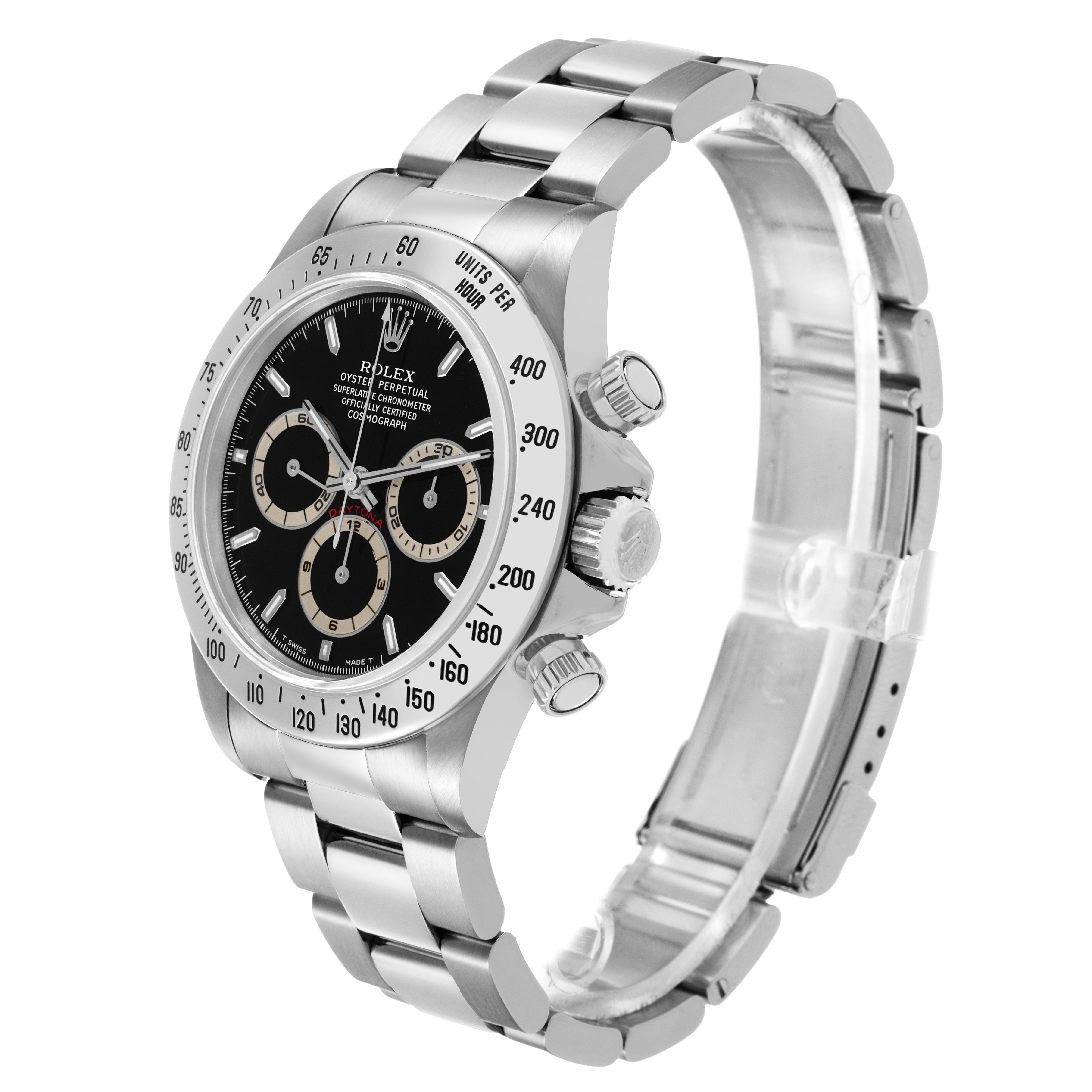 The Rolex Daytona 16520 Men's Stainless Steel Black Dial watch is shown at a three-quarter angle, highlighting the face, bezel, and stainless steel bracelet.