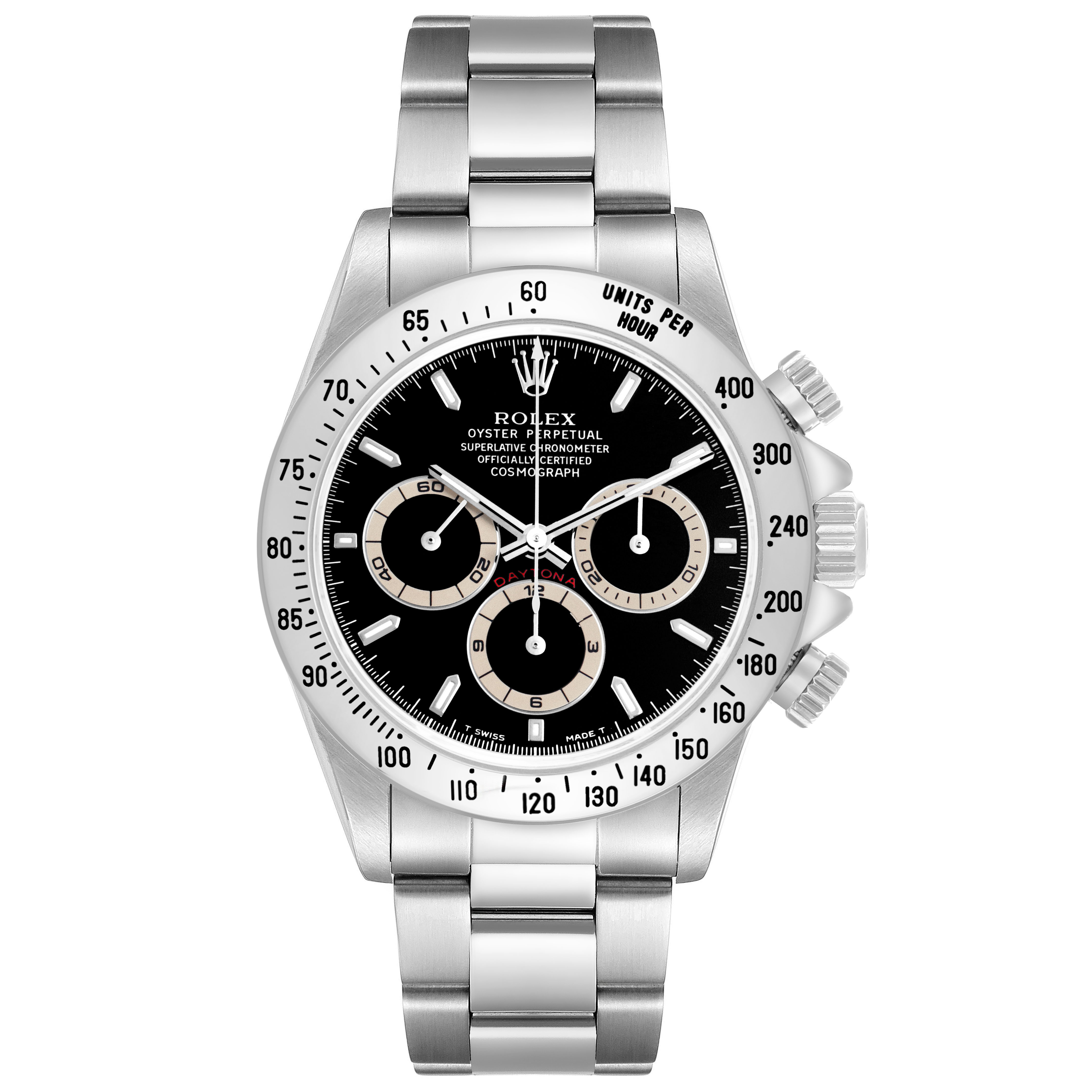 The Rolex Daytona 16520 Men's Stainless Steel Black Dial watch is shown from the front, displaying its bezel, dial, subdials, and bracelet.