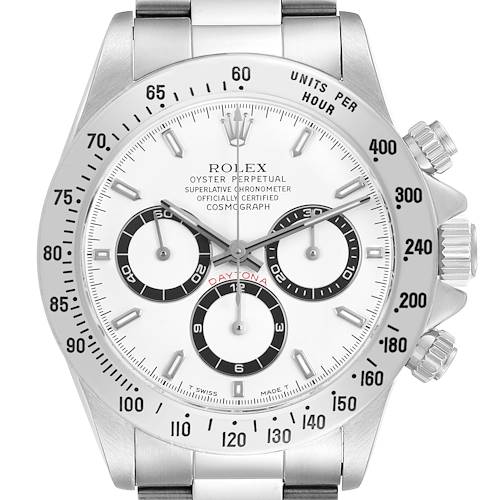 The Rolex Daytona 16520 Men's Stainless Steel White Dial watch is shown from the front, highlighting the bezel, dial, sub-dials, and crown.