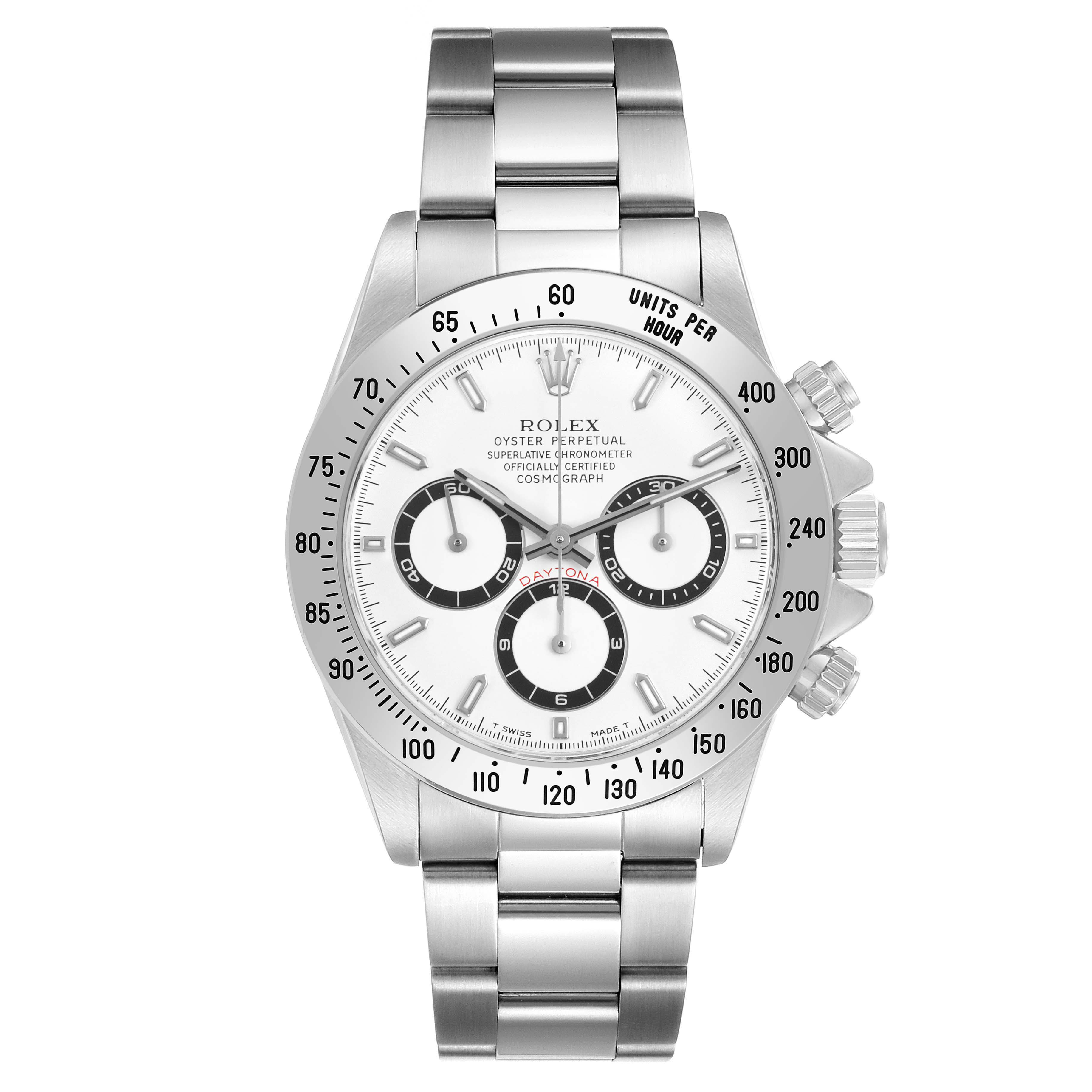 The Rolex Daytona 16520 Men's Stainless Steel White Dial watch is shown from the front, highlighting the face, bezel, and full metal bracelet.