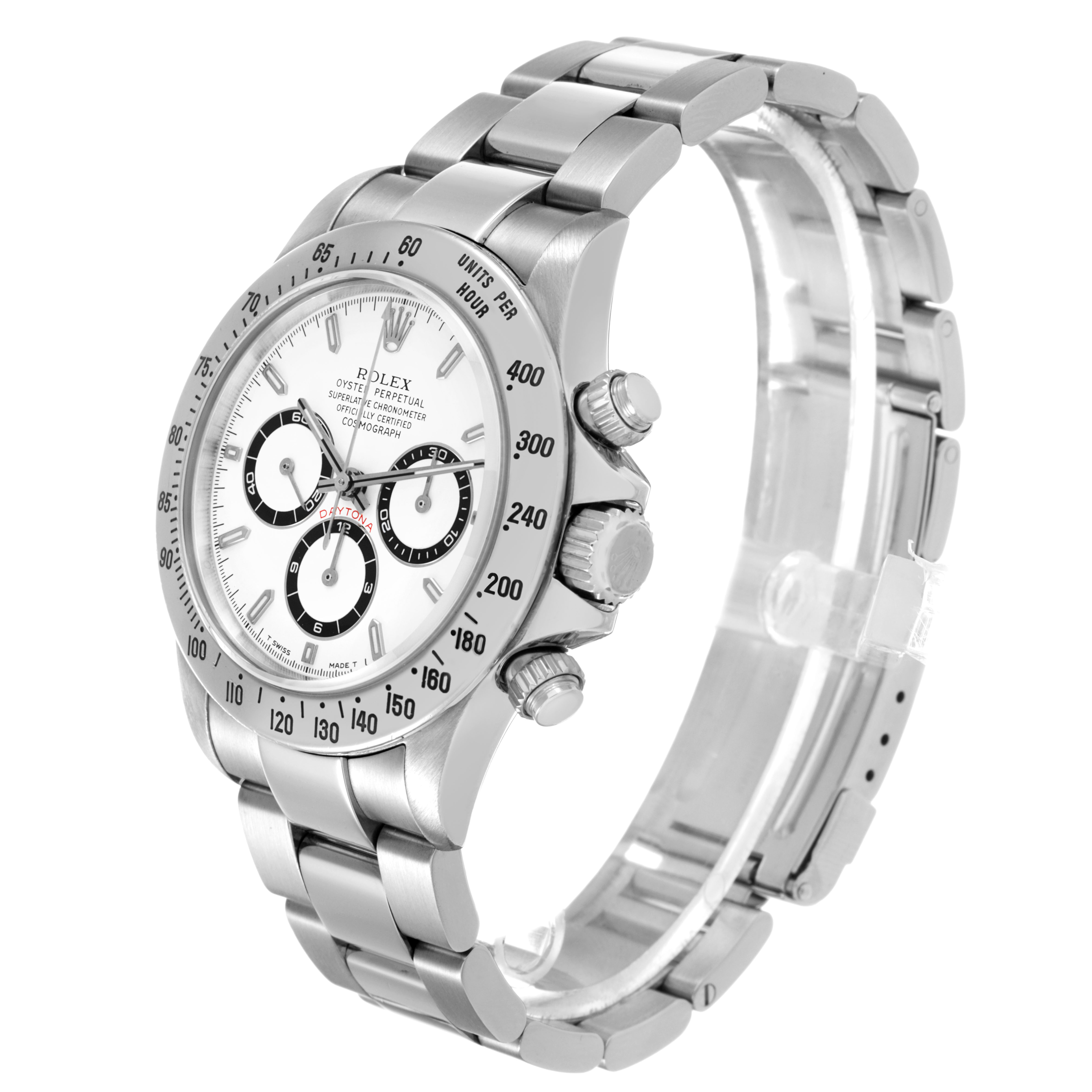 The Rolex Daytona 16520 Men's Stainless Steel White Dial watch is shown at a three-quarter angle, highlighting the dial, bezel, pushers, and metal bracelet.