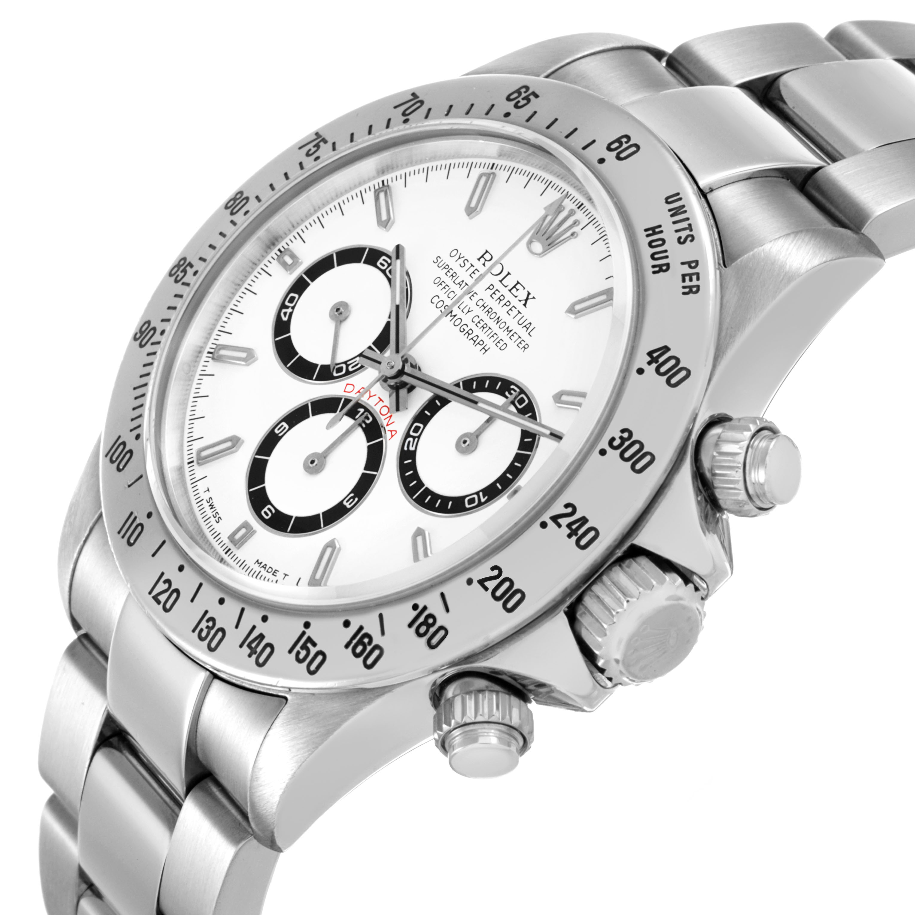 The Rolex Daytona 16520 Men's Stainless Steel White Dial watch is shown at a slightly tilted angle, highlighting the face, bezel, and bracelet.