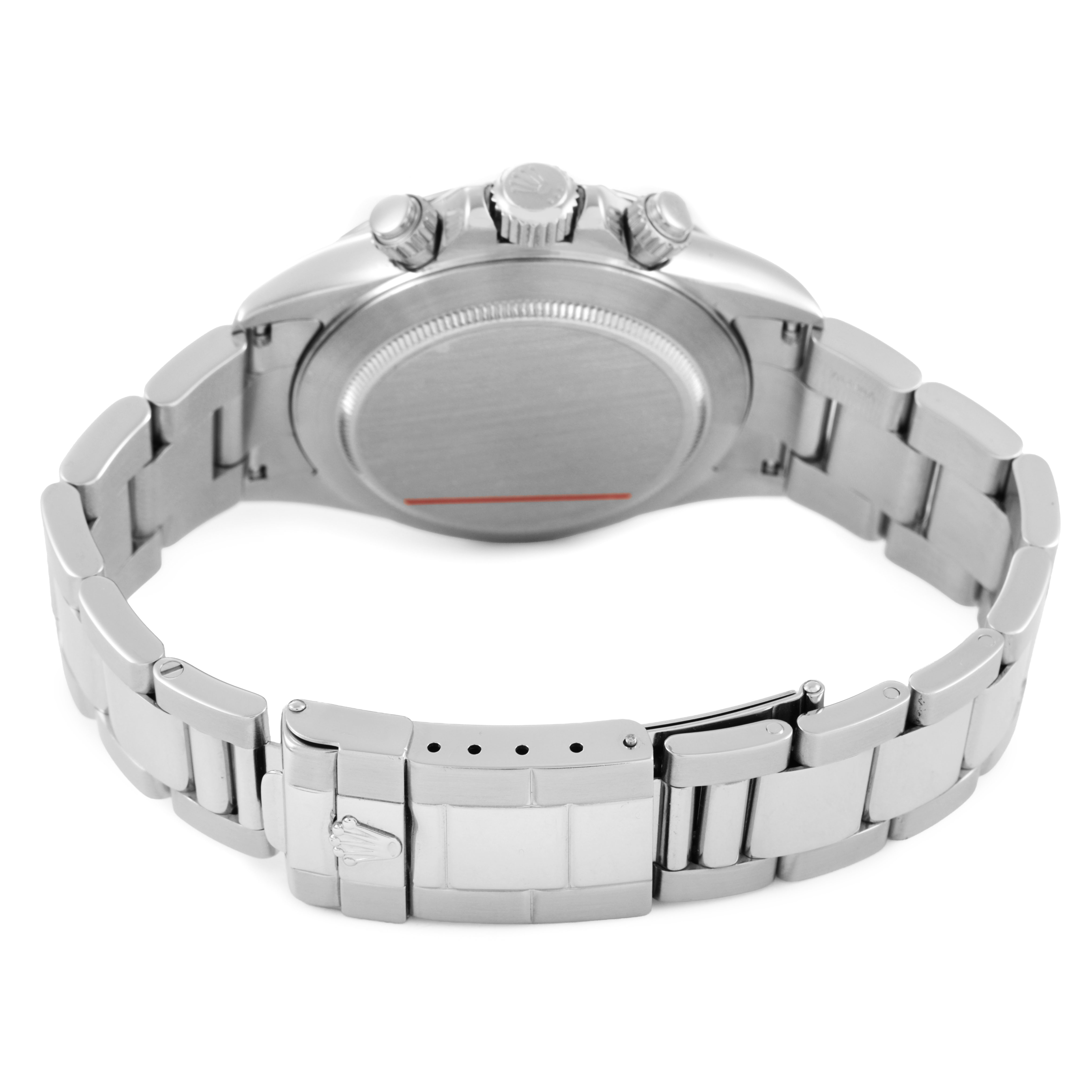 The image shows the back view of a Rolex Daytona 16520 Men's Stainless Steel White Dial, highlighting the case back, bracelet, and clasp details.