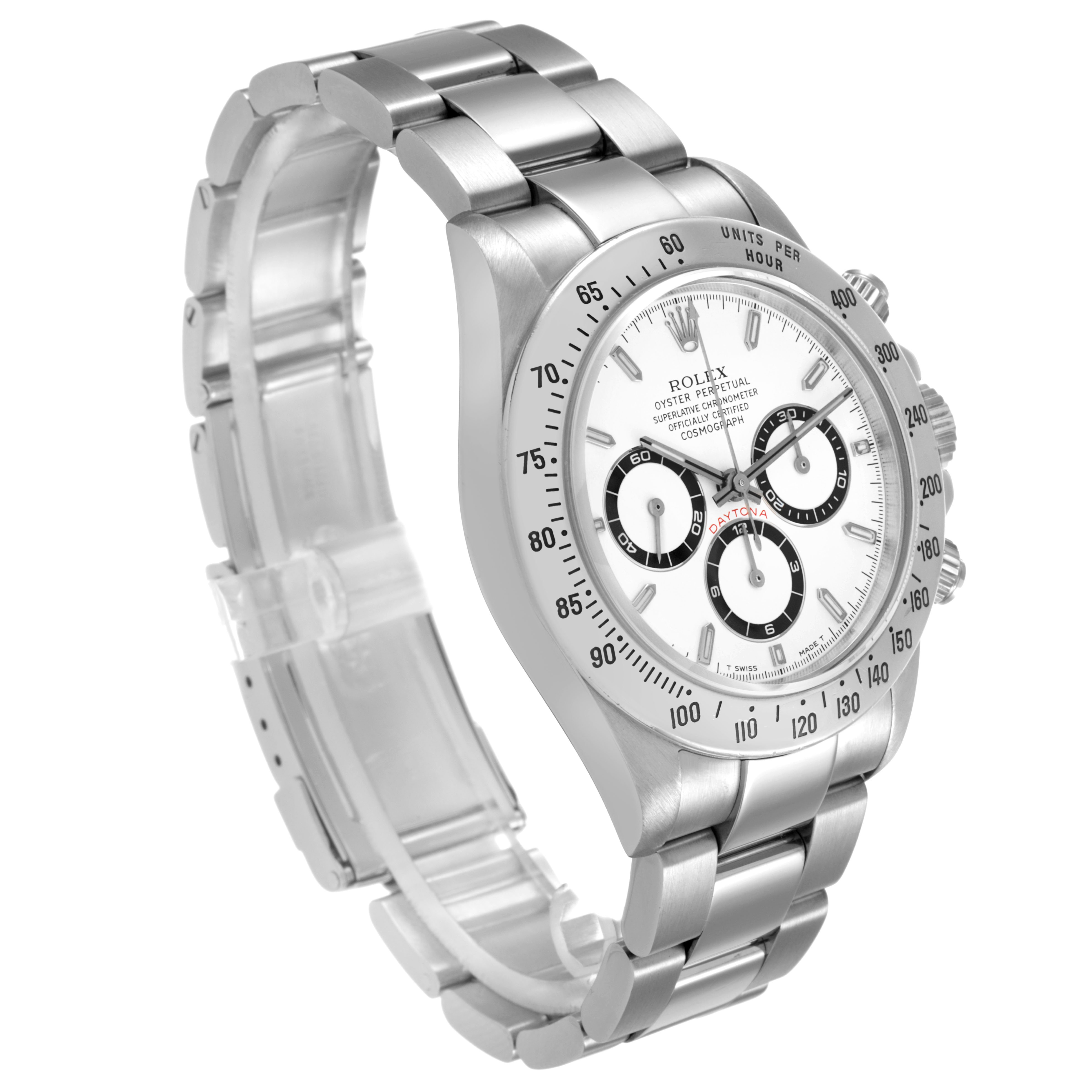 The Rolex Daytona 16520 Men's Stainless Steel White Dial watch is shown at an angled side view, displaying the face, bezel, crown, and bracelet.