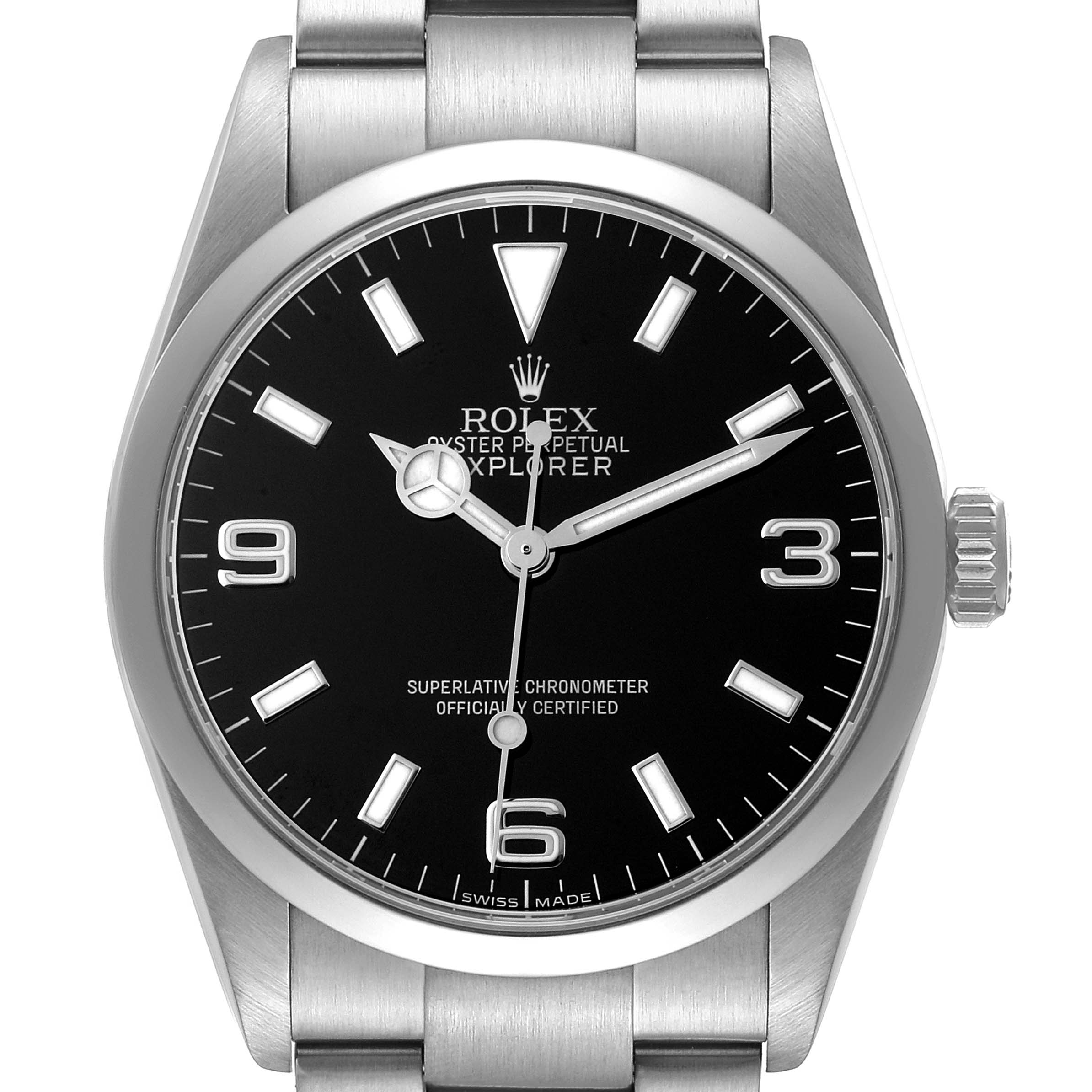 The image shows a front view of the Rolex Explorer 114270 Men's Stainless Steel Black Dial watch, highlighting the dial, hands, and bracelet.