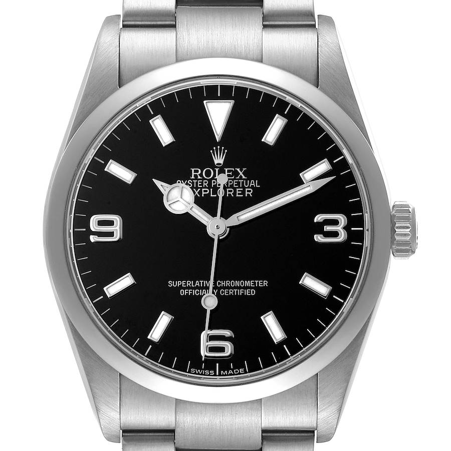 The image shows a front view of the Rolex Explorer 114270 Men's Stainless Steel Black Dial watch, highlighting the dial, hands, and bracelet.