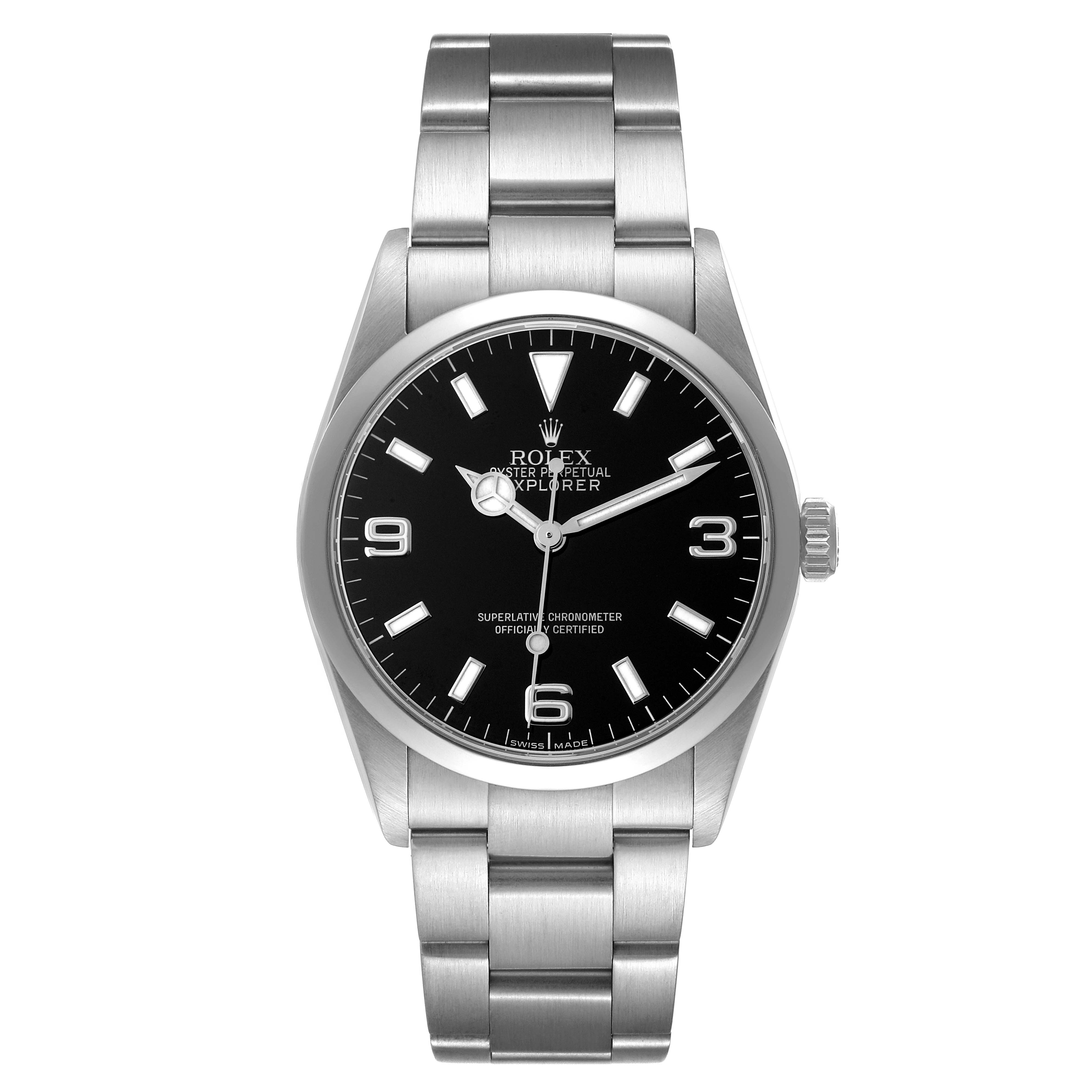 The Rolex Explorer 114270 Men's Stainless Steel Black Dial watch is shown from a front angle, displaying its black dial, hour markers, hands, and stainless steel bracelet.