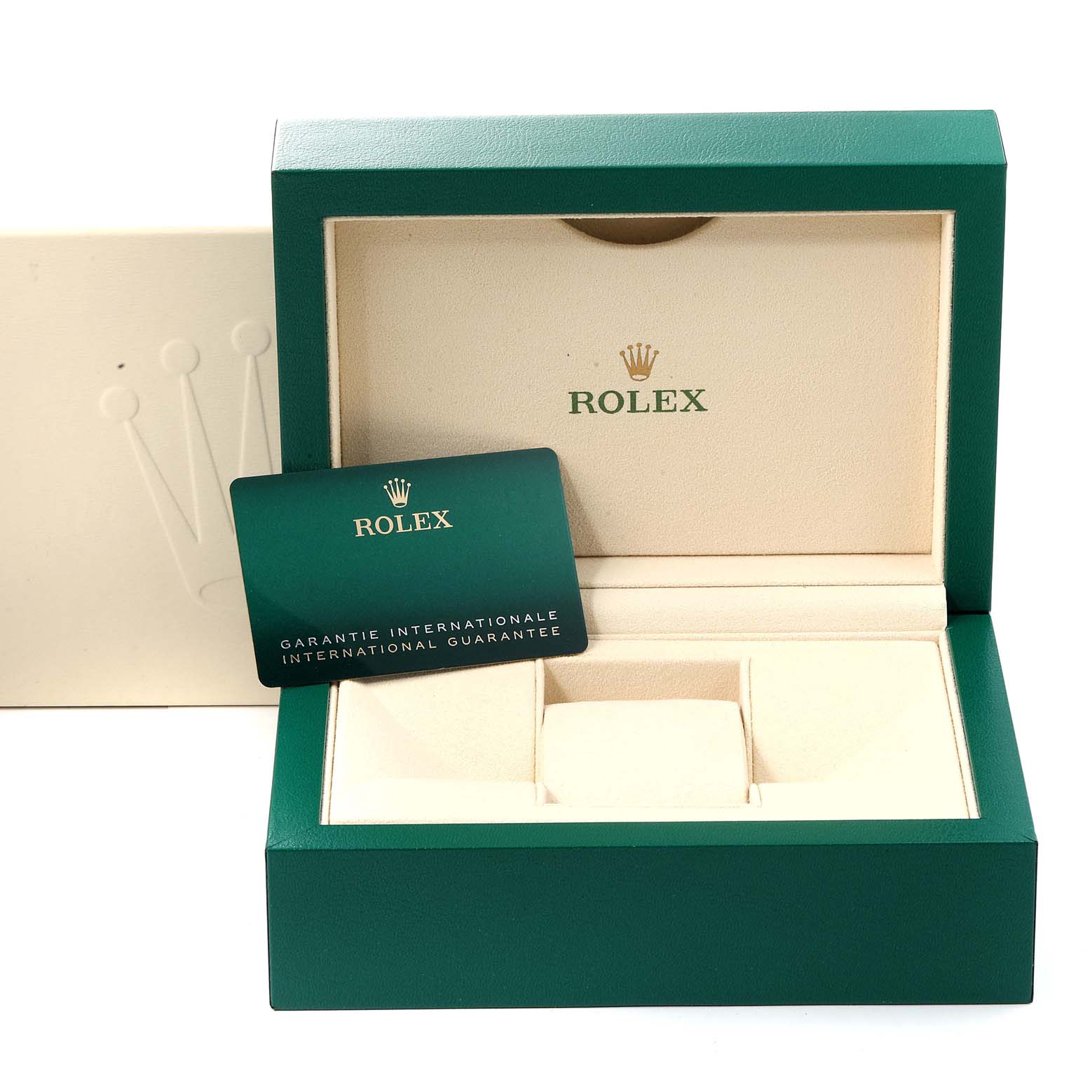 The image shows the packaging and warranty card for a Rolex Explorer 216570 Men's Stainless Steel White Dial 216570 Men's Stainless Steel White Dial watch, highlighting the open box and card.