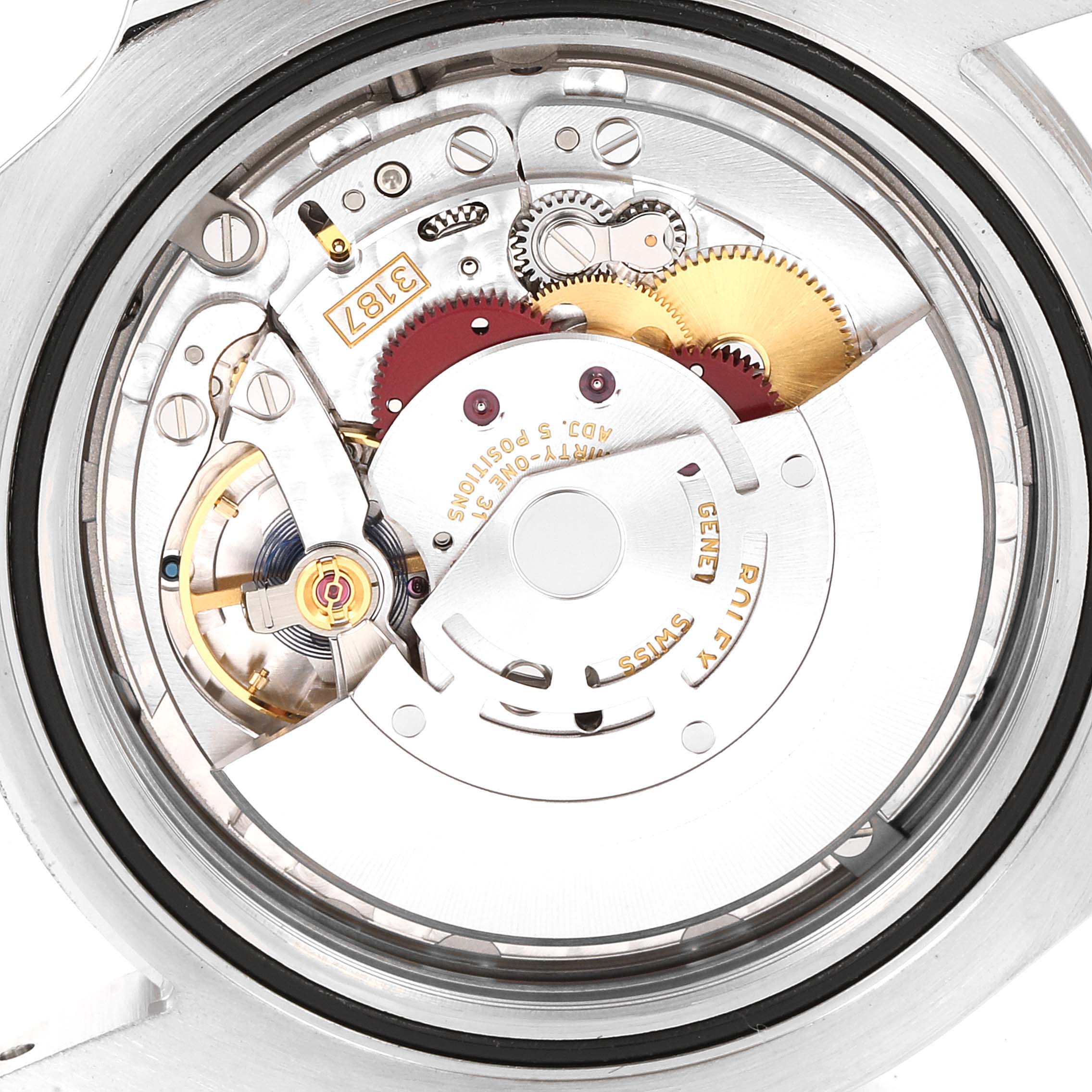 The image shows a close-up view of the internal mechanism of a Rolex Explorer 216570 Men's Stainless Steel White Dial 216570 Men's Stainless Steel White Dial watch.