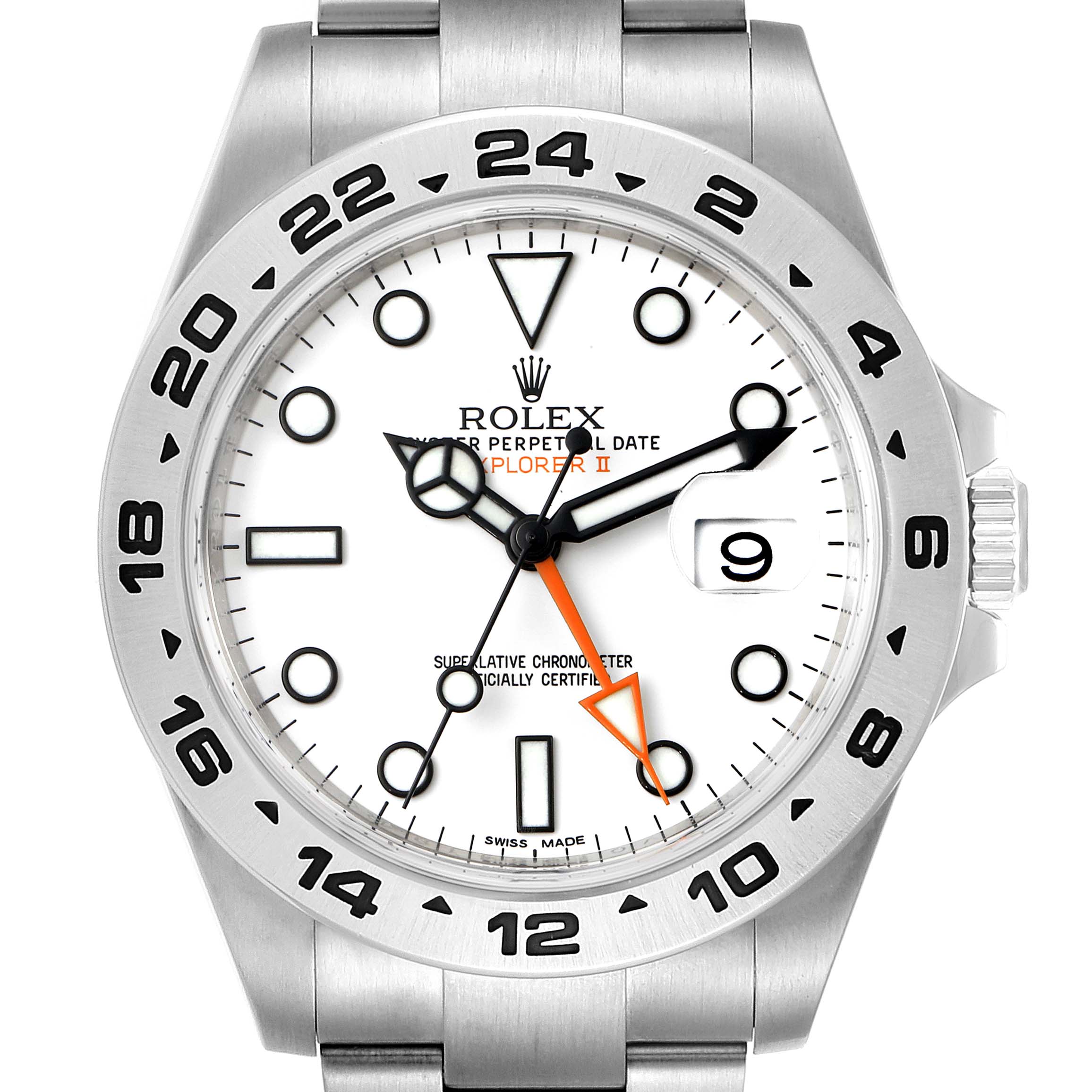 This image shows a front view of the Rolex Explorer 216570 Men's Stainless Steel White Dial 216570 Men's Stainless Steel White Dial watch, highlighting its bezel, dial, and hands.