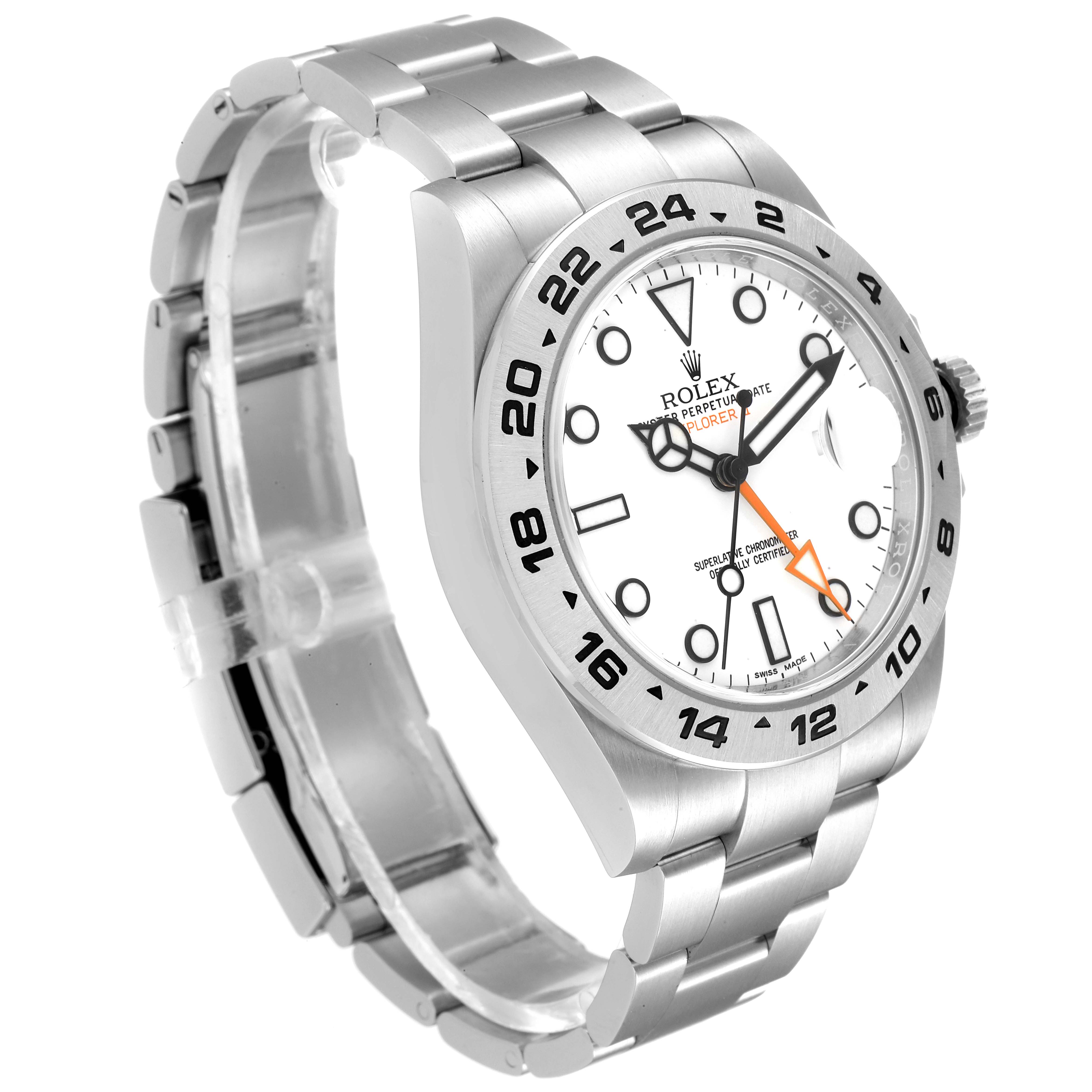 The Rolex Explorer 216570 Men's Stainless Steel White Dial 216570 Men's Stainless Steel White Dial watch is shown at a three-quarters angle, highlighting its face, bezel, and bracelet.