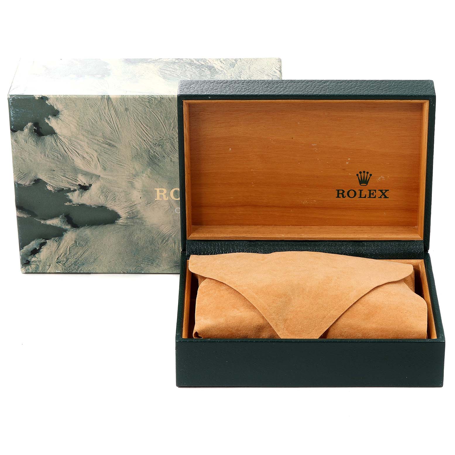 The image shows the Rolex GMT-Master 16713 Men's Steel and Gold (two tone) Champagne Dial 16713 Men's Steel and Gold (two tone) Champagne Dial watch packaging, including an open wooden box with a protective sleeve and an outer box.