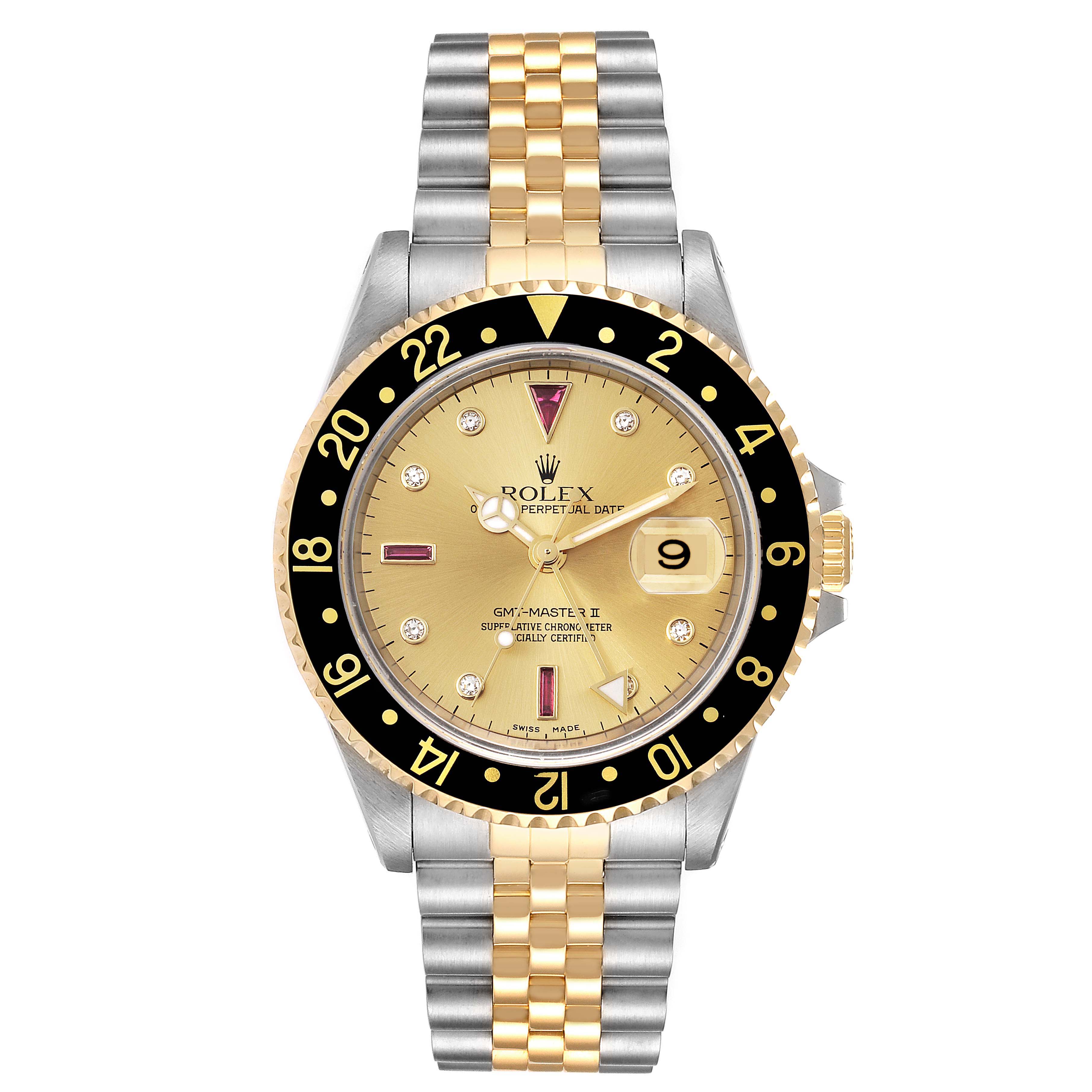 This image shows a front view of a Rolex GMT-Master 16713 Men's Steel and Gold (two tone) Champagne Dial 16713 Men's Steel and Gold (two tone) Champagne Dial II watch featuring a two-tone bracelet and a black and gold bezel.