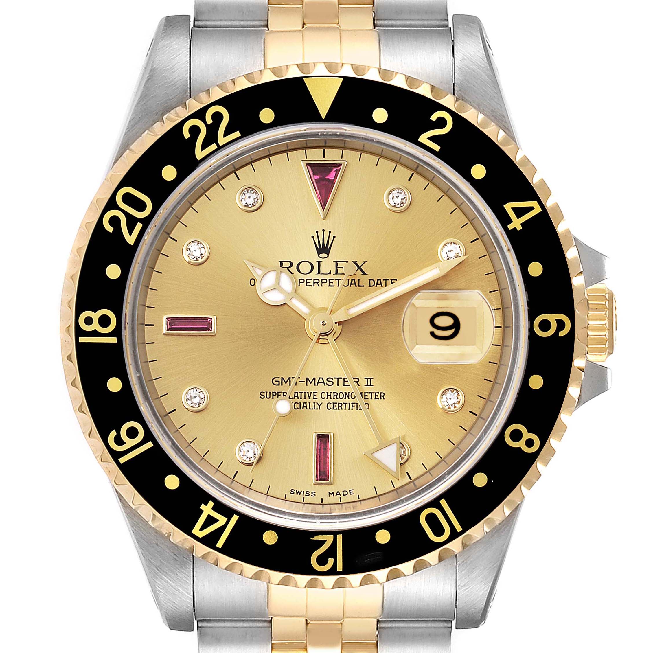 The image shows a front view of the Rolex GMT-Master 16713 Men's Steel and Gold (two tone) Champagne Dial 16713 Men's Steel and Gold (two tone) Champagne Dial II watch, highlighting the bezel, dial, hands, and part of the bracelet.