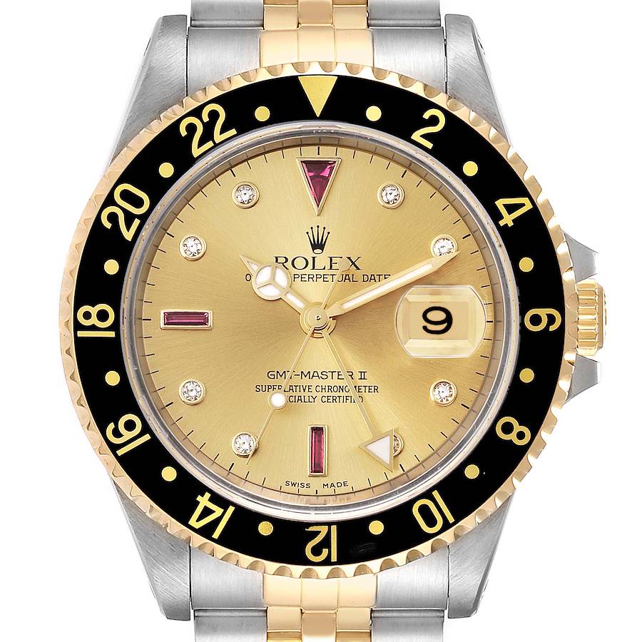 Rolex GMT II Diamond Ruby Serti Dial Steel Yellow Gold Mens Watch 16713 SwissWatchExpo