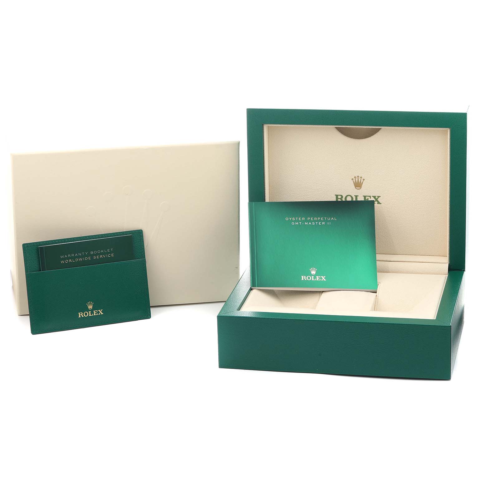 The image shows a Rolex GMT-Master 126710 Men's Stainless Steel Black Dial watch box, warranty booklet, and an instruction manual.