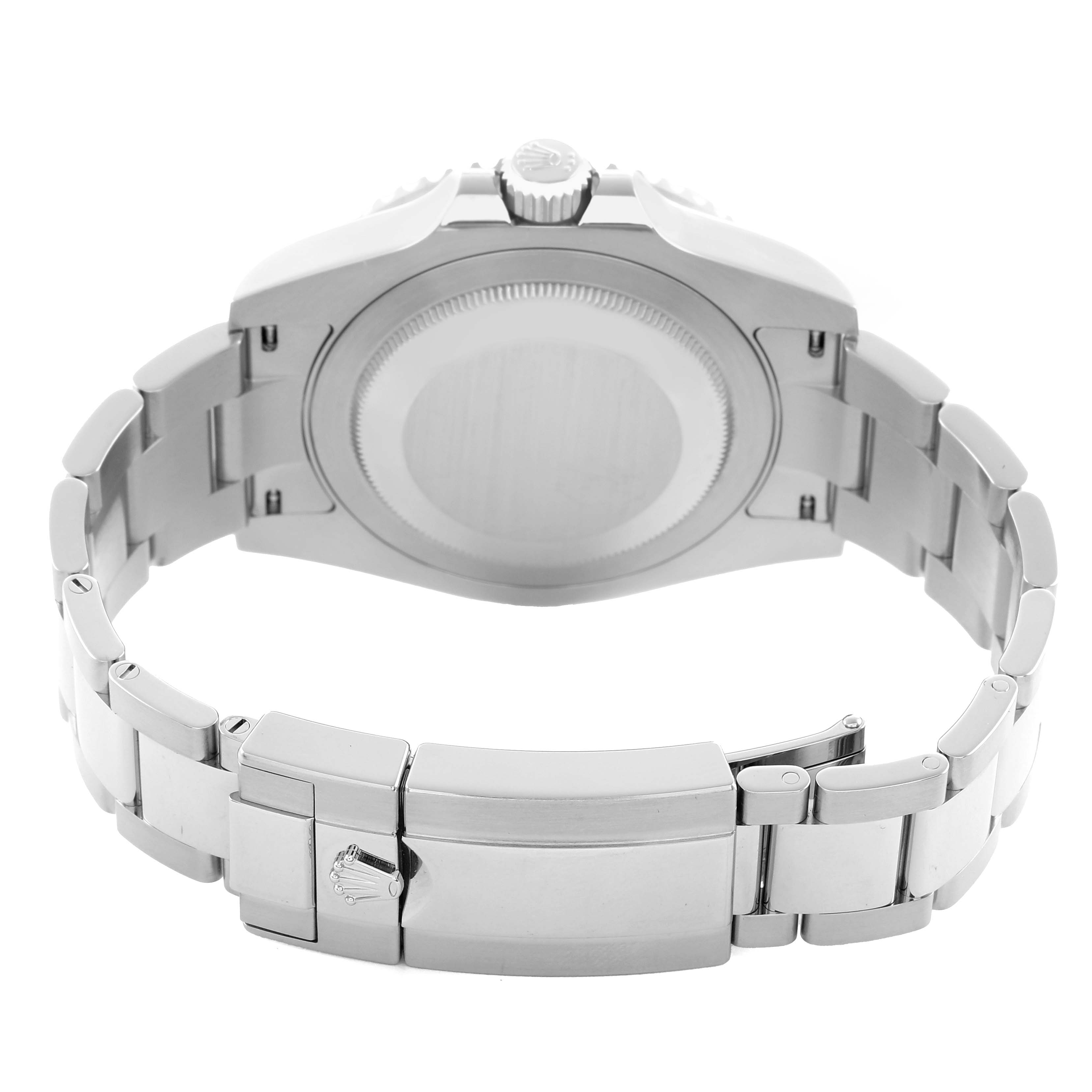 This image shows the back and bracelet of the Rolex GMT-Master 126710 Men's Stainless Steel Black Dial, highlighting the clasp and case back.