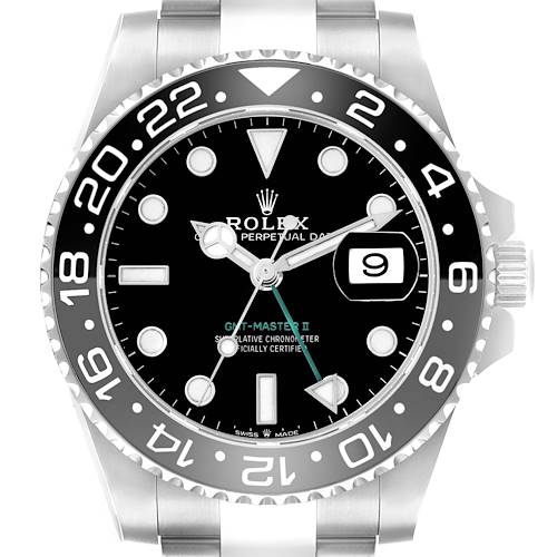 The Rolex GMT-Master 126710 Men's Stainless Steel Black Dial watch is shown from the front, highlighting the bezel, dial, hands, and date window.
