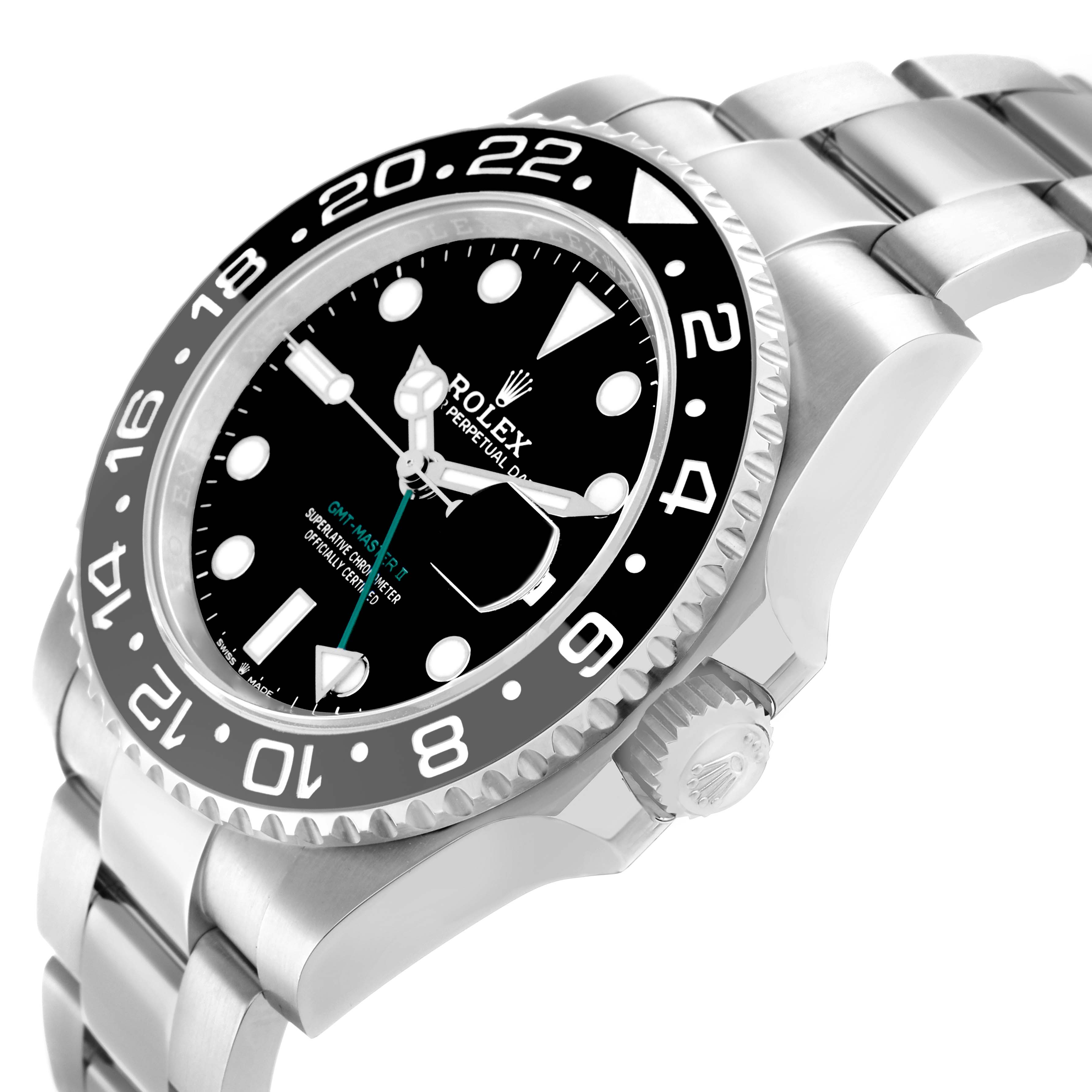 The Rolex GMT-Master 126710 Men's Stainless Steel Black Dial watch is shown at a side angle, highlighting the bezel, dial, crown, and bracelet.