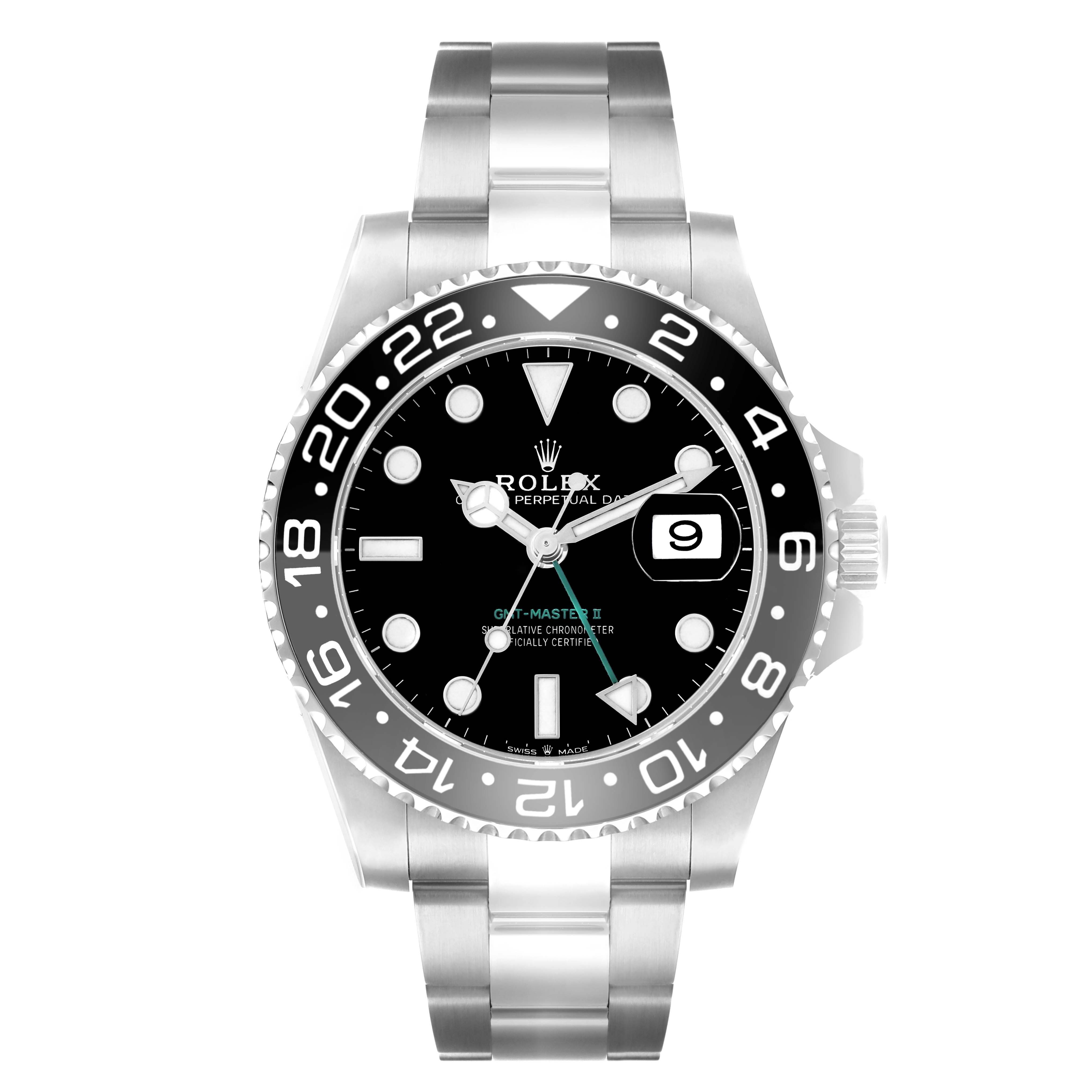 The Rolex GMT-Master 126710 Men's Stainless Steel Black Dial watch is shown from the front, displaying the dial, bezel, bracelet, and crown.