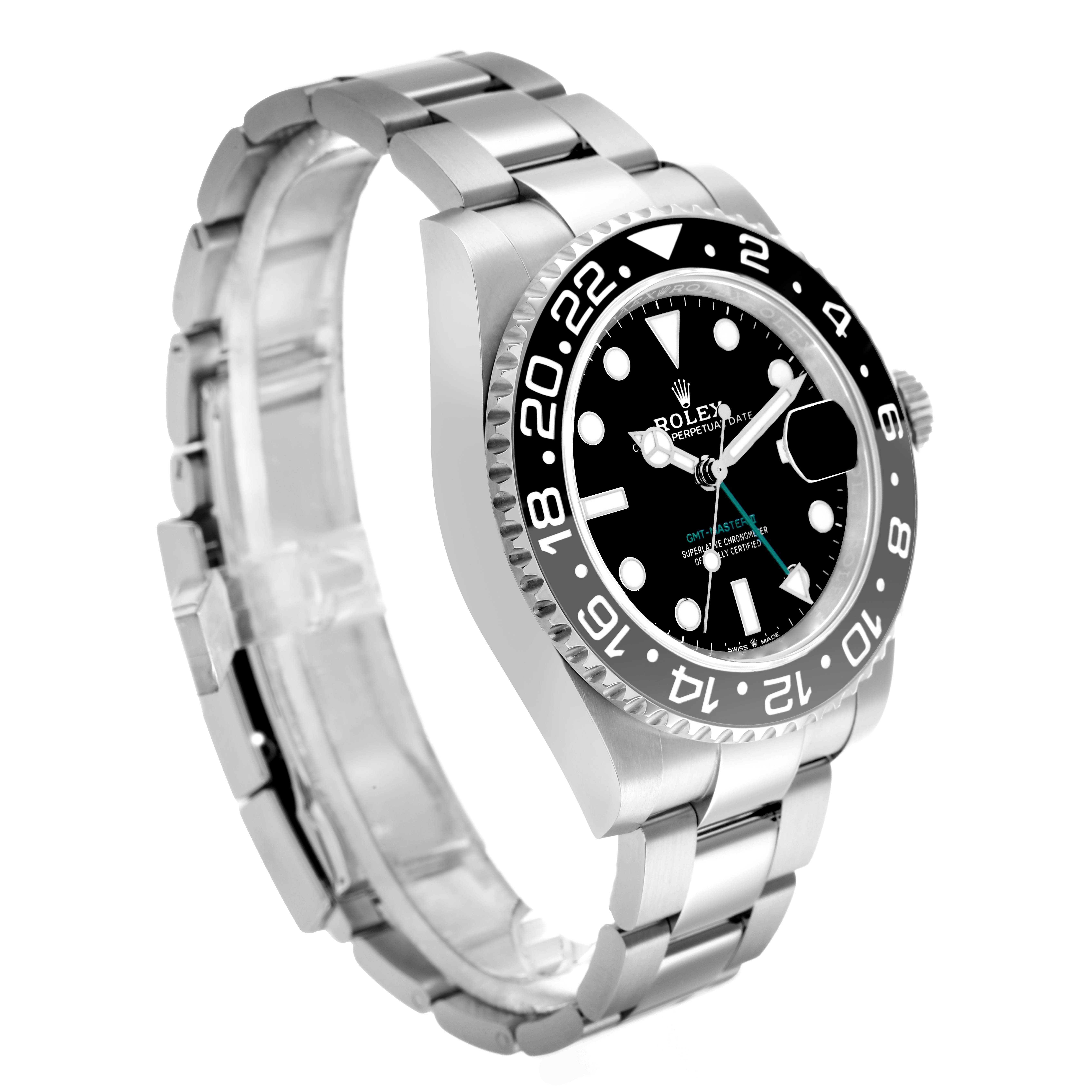 The Rolex GMT-Master 126710 Men's Stainless Steel Black Dial is shown at an angle displaying the face, bezel, and bracelet.