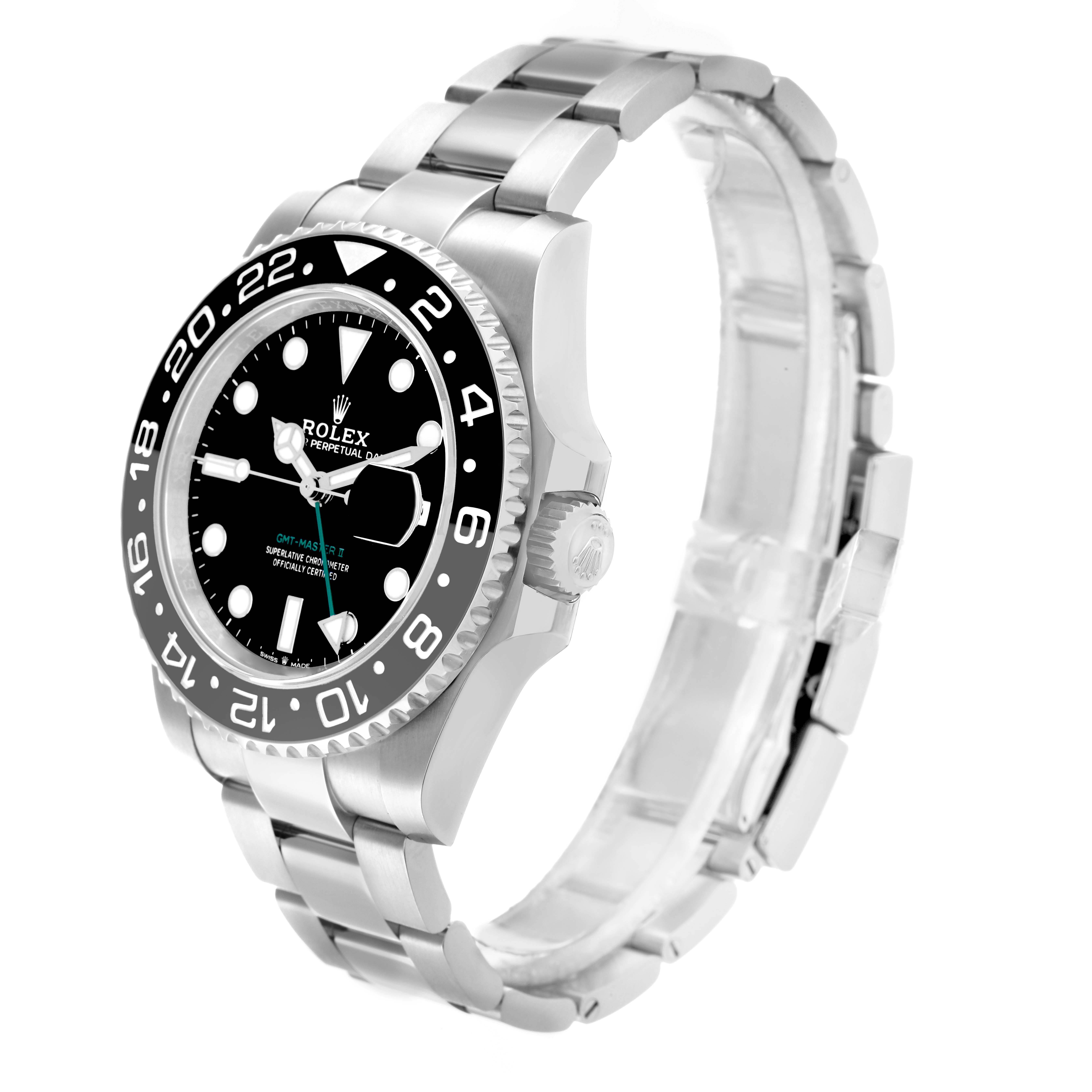 The image shows a Rolex GMT-Master 126710 Men's Stainless Steel Black Dial watch at a three-quarter angle, highlighting the bezel, dial, and bracelet.