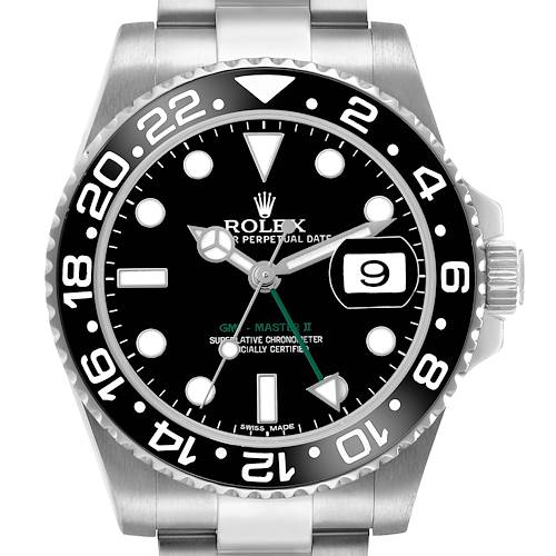 The Rolex GMT-Master 116710LN Men's Stainless Steel Black Dial model is shown from the front, displaying the bezel, dial, hands, and date window.