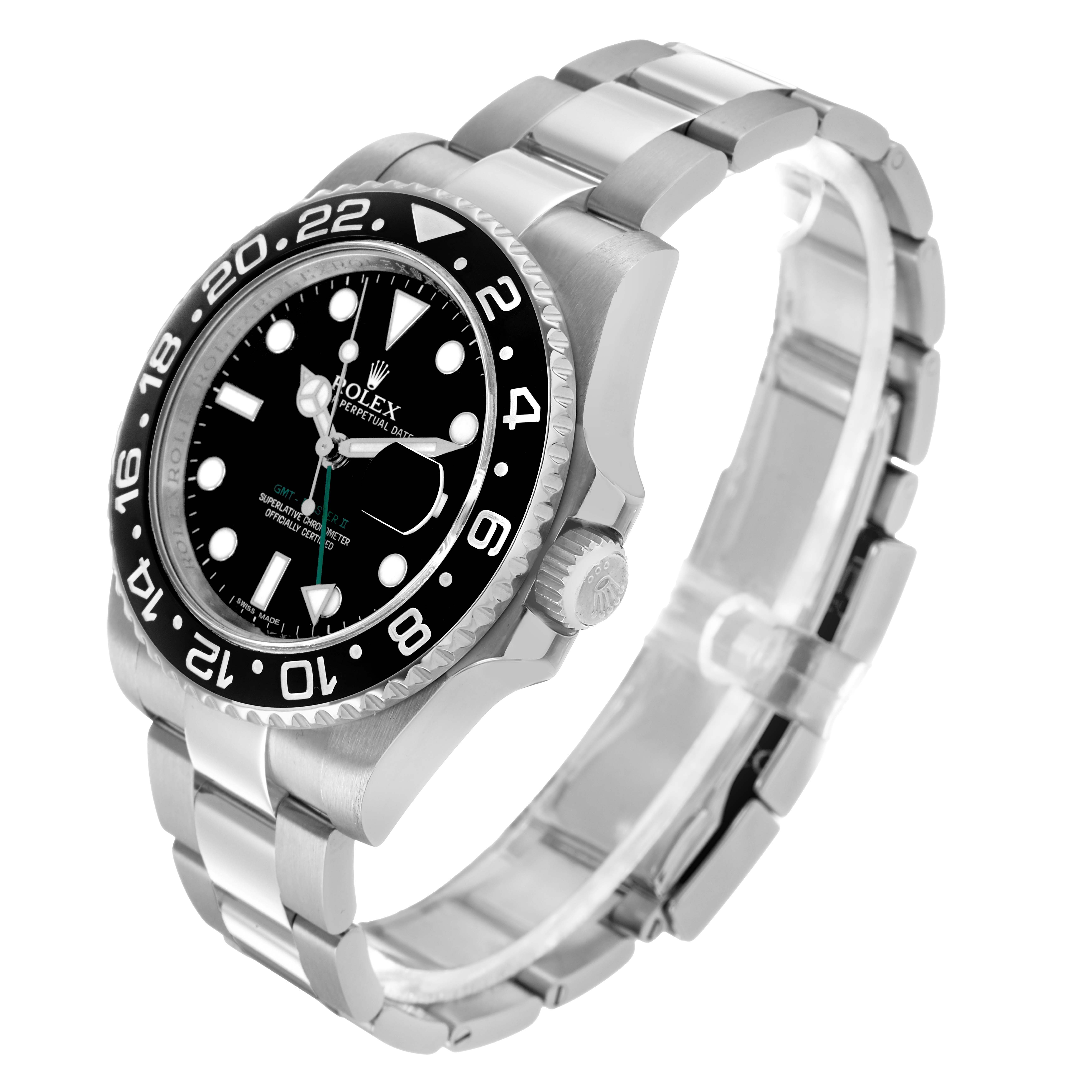 The image shows a side angle of the Rolex GMT-Master 116710LN Men's Stainless Steel Black Dial, highlighting the dial, bezel, and bracelet.