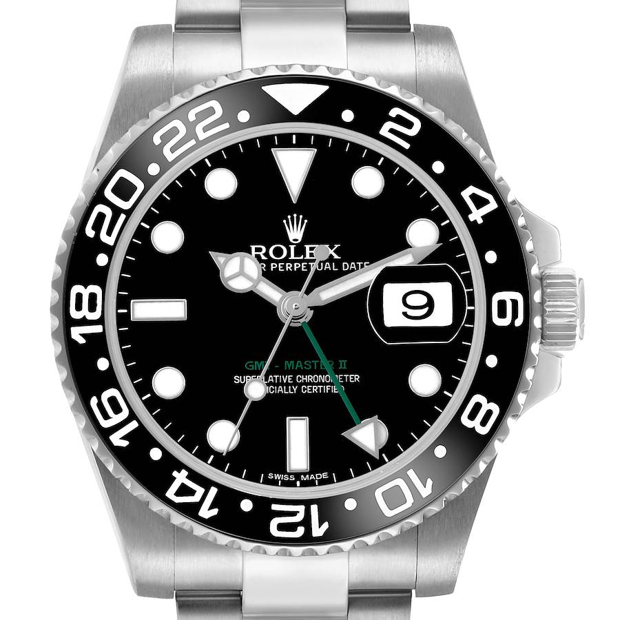 The Rolex GMT-Master 116710LN Men's Stainless Steel Black Dial model is shown from the front, highlighting its bezel, dial, and date window.