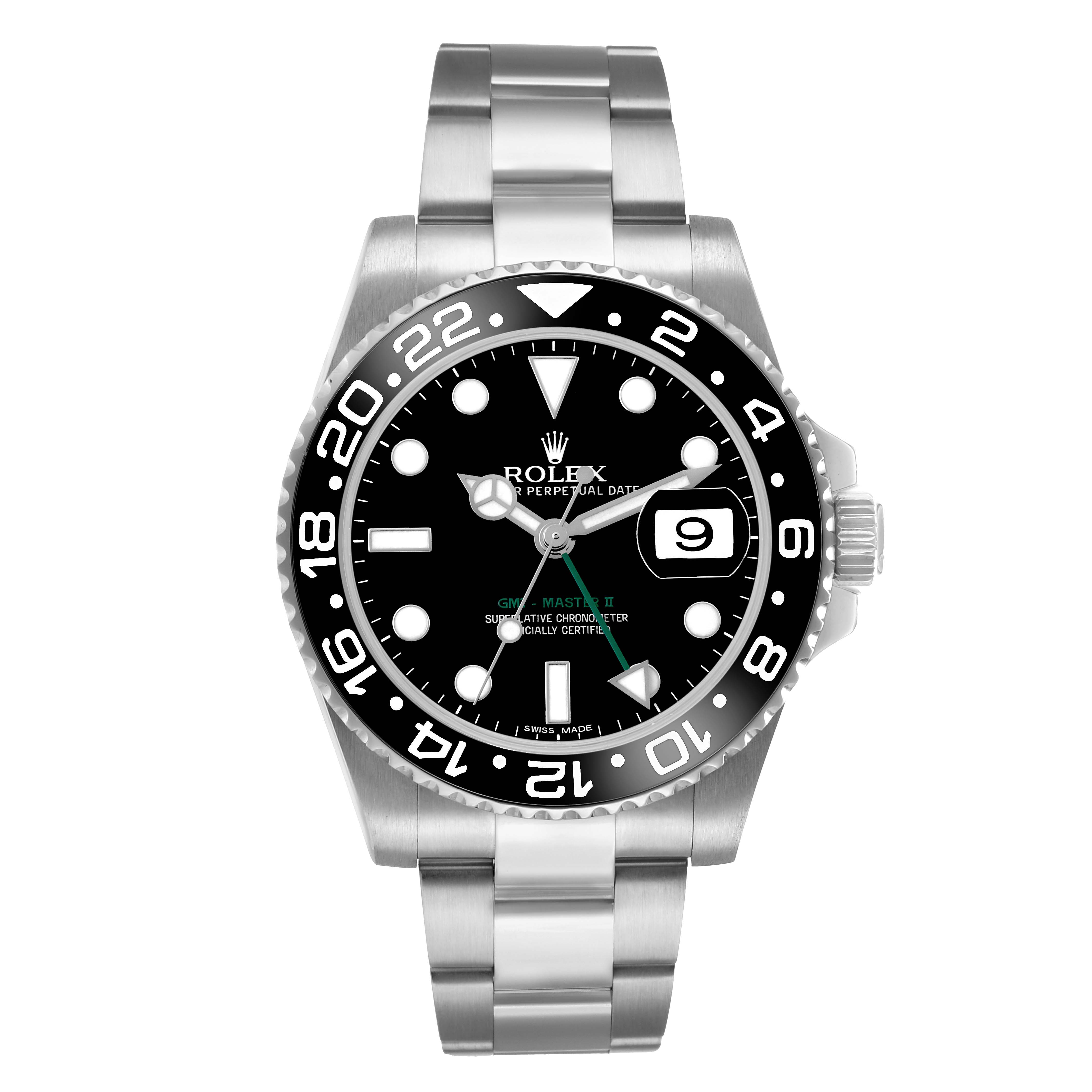 The Rolex GMT-Master 116710LN Men's Stainless Steel Black Dial watch is shown from a front angle, displaying the dial, bezel, and bracelet.