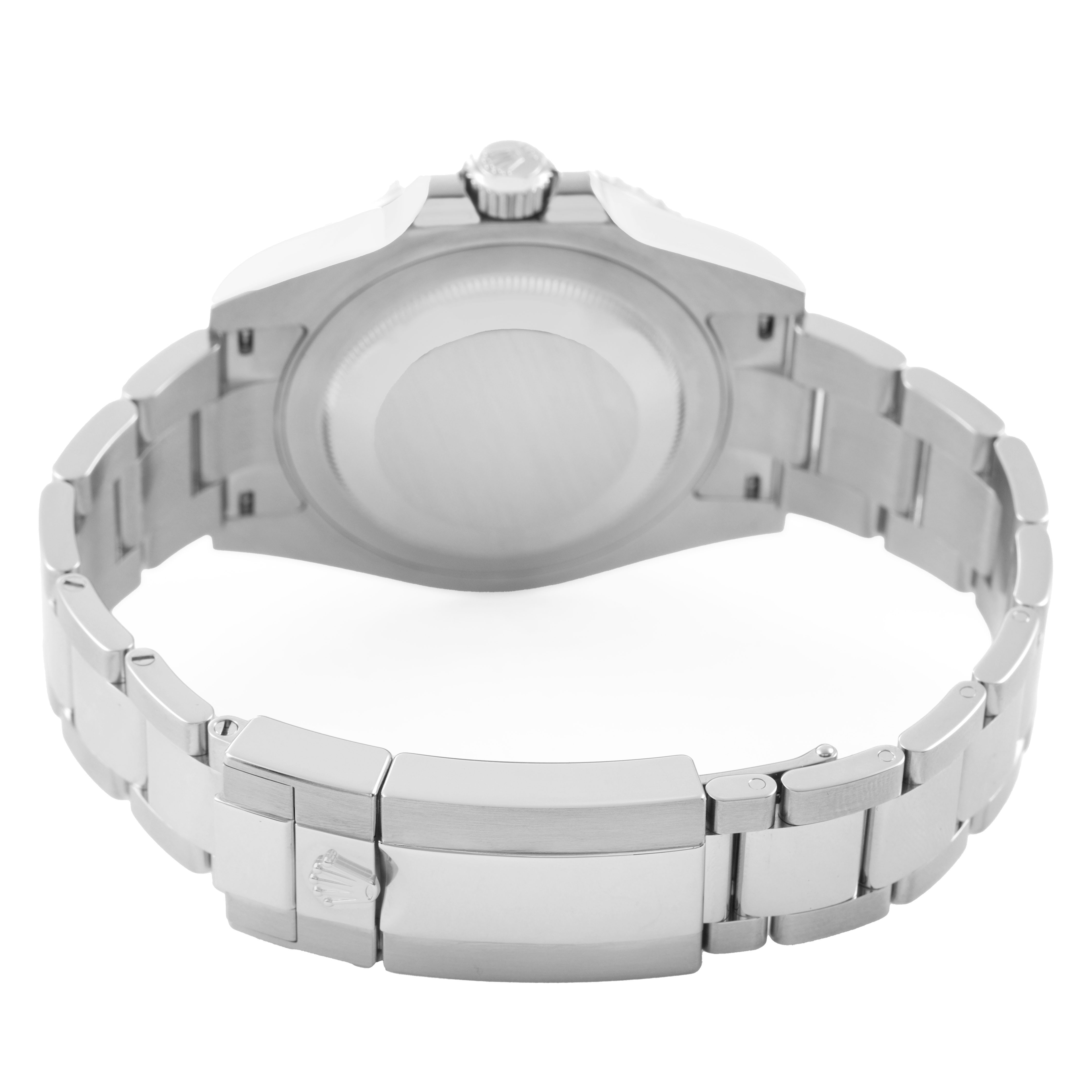 The image shows the back view of a Rolex GMT-Master 126710BLRO Men's Stainless Steel Black Dial watch, highlighting the case back, bracelet, and clasp.