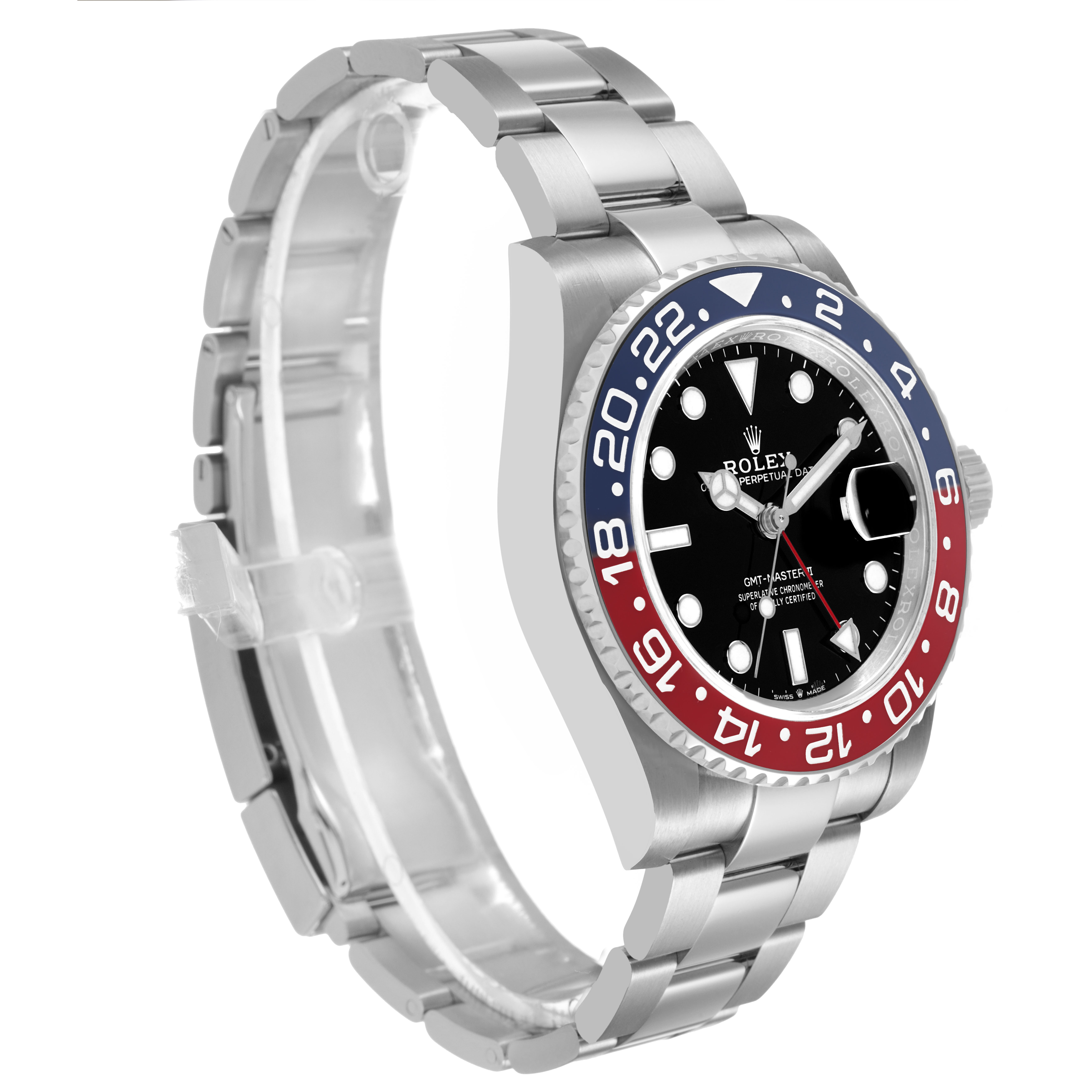 The Rolex GMT-Master 126710BLRO Men's Stainless Steel Black Dial model is shown at an angled view, displaying the bezel, dial, and part of the bracelet.
