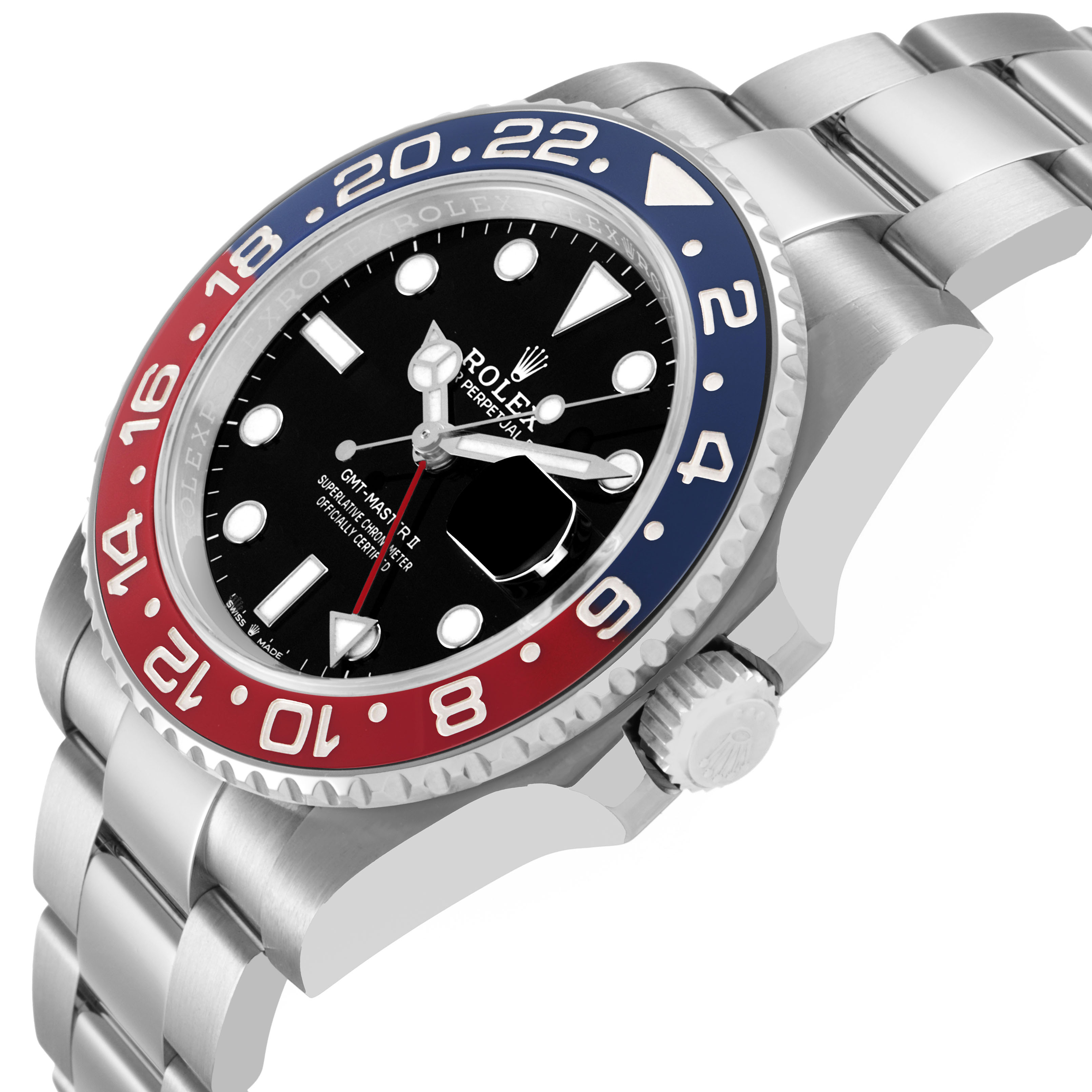 The Rolex GMT-Master 126710BLRO Men's Stainless Steel Black Dial watch is shown at a three-quarter angle, highlighting the bezel, crown, and partial bracelet.