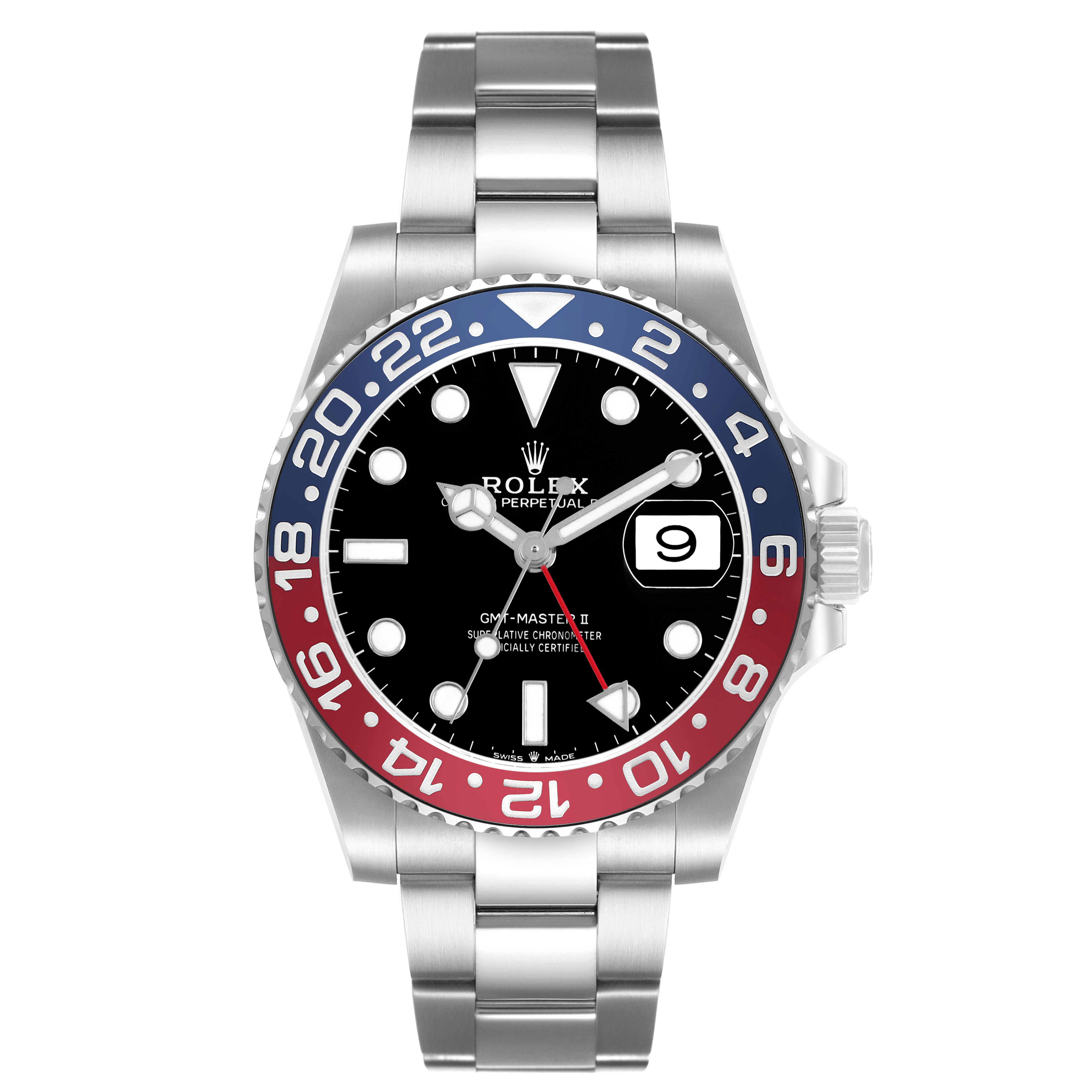 The Rolex GMT-Master 126710BLRO Men's Stainless Steel Black Dial watch is shown from a front angle, displaying its bezel, dial, hands, and bracelet.