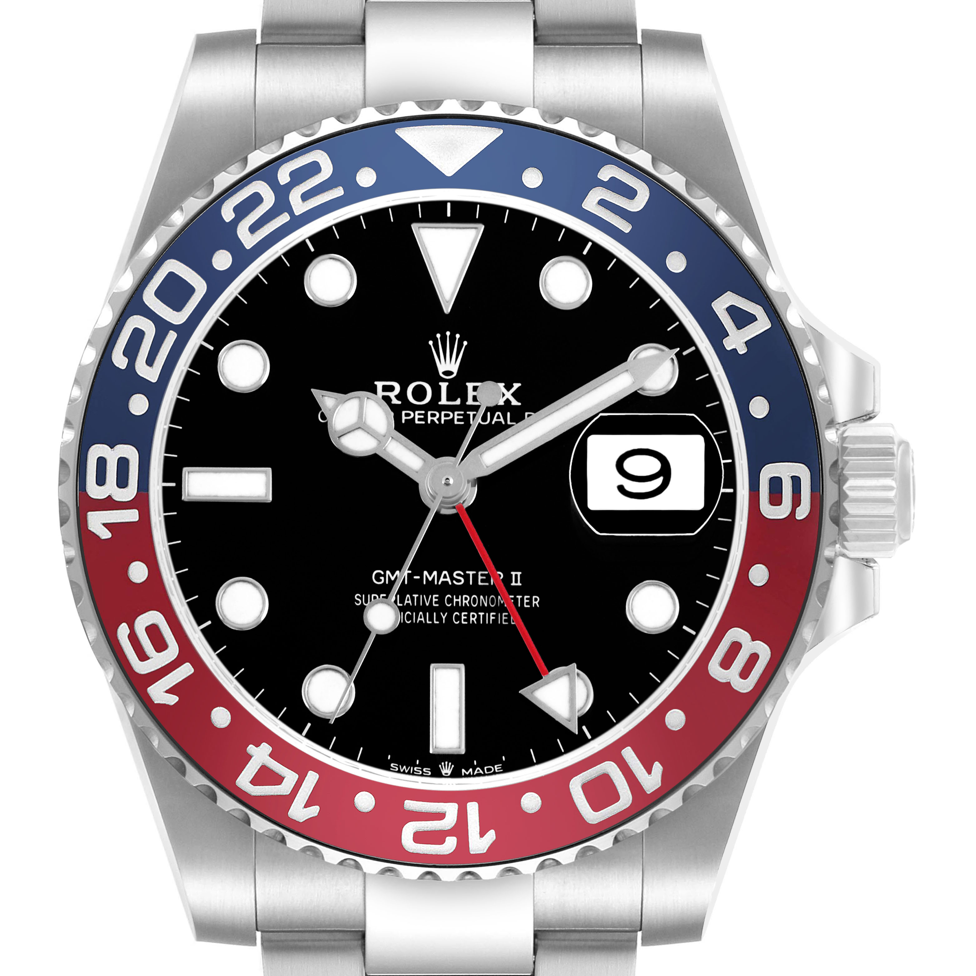 The image shows a front view of the Rolex GMT-Master 126710BLRO Men's Stainless Steel Black Dial II watch, highlighting its bezel, dial, hands, and date display.