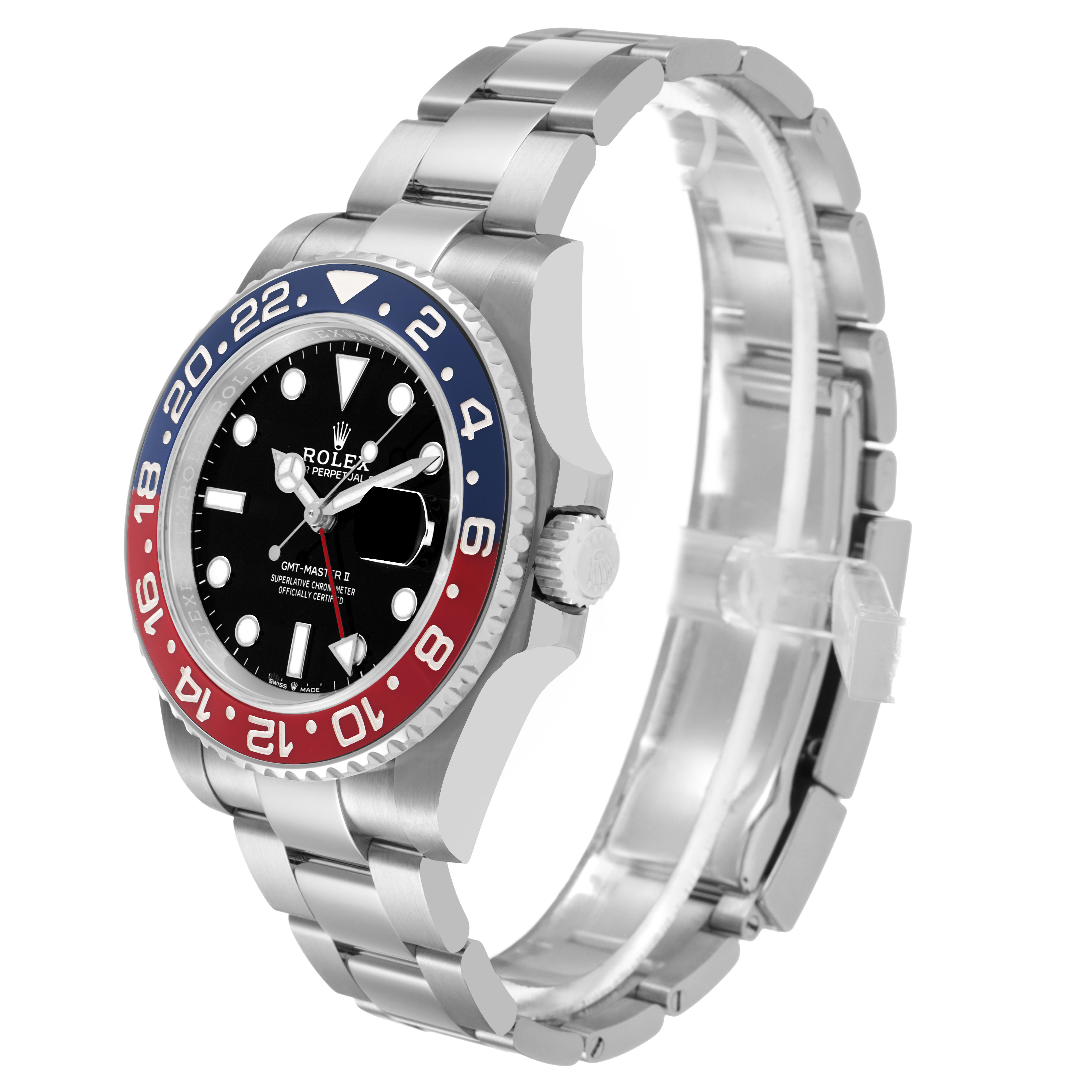 The Rolex GMT-Master 126710BLRO Men's Stainless Steel Black Dial watch is shown at a three-quarter angle, displaying the bezel, crown, and bracelet.