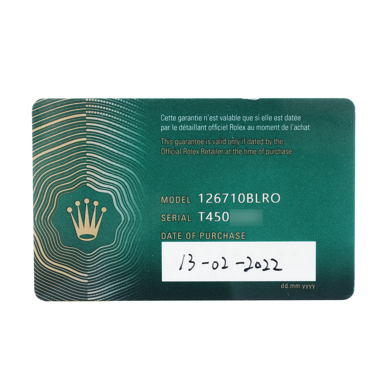 The image shows the warranty card for a Rolex GMT-Master 126710BLRO Men's Stainless Steel Black Dial model 126710BLRO.