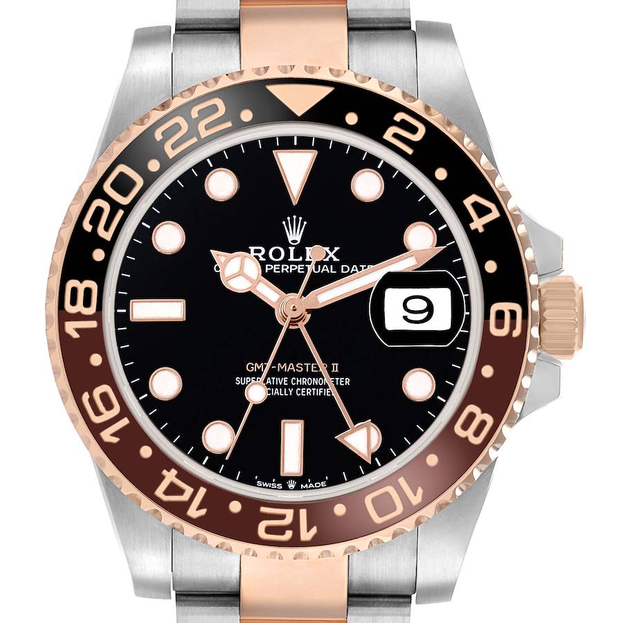 The Rolex GMT-Master 126711 Men
s Steel and Gold (two tone) Black Dial model is shown from a front angle, highlighting the face, bezel, crown, and bracelet.