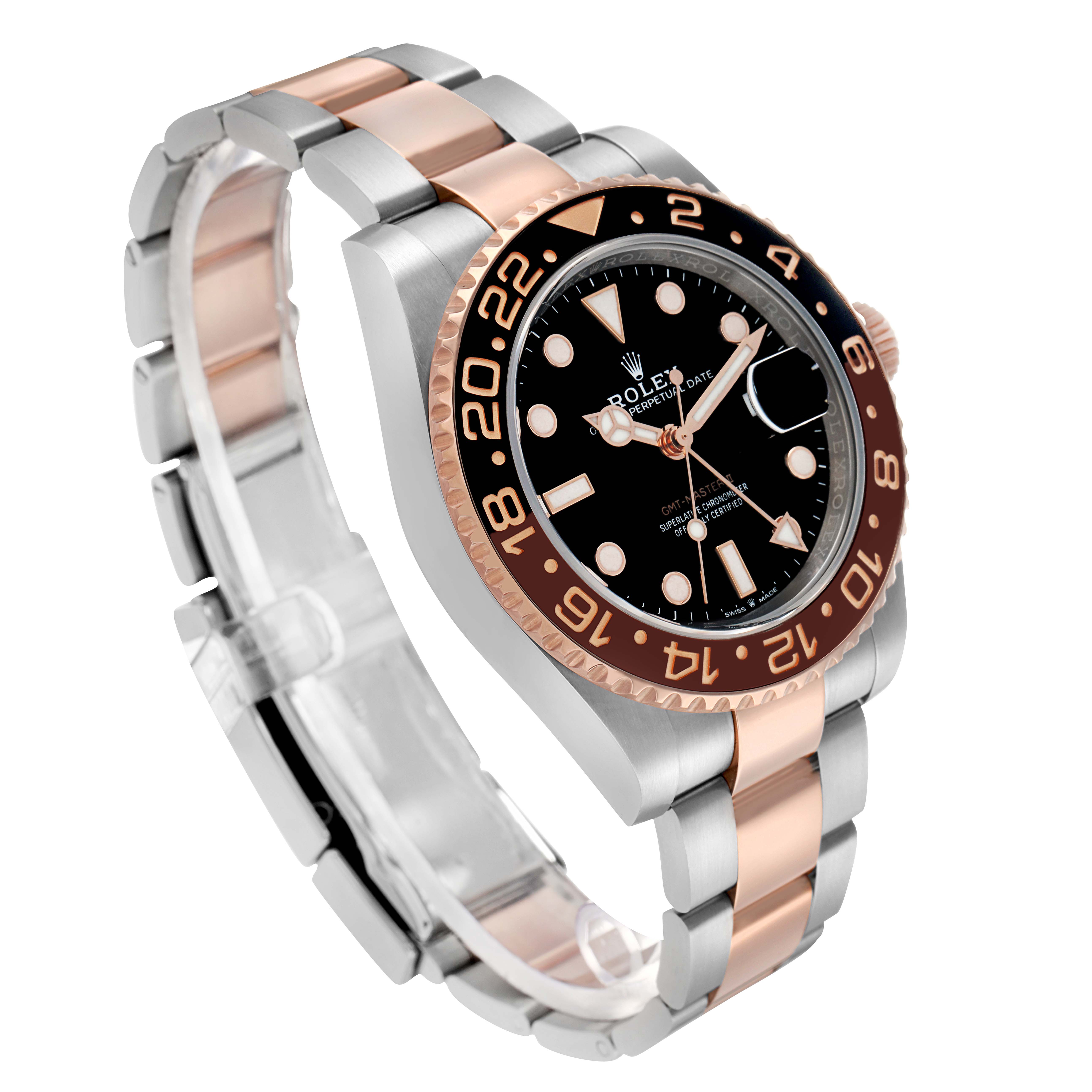 The Rolex GMT-Master 126711 Men
s Steel and Gold (two tone) Black Dial watch is shown at a three-quarter angle, highlighting the bezel, dial, and two-tone bracelet.