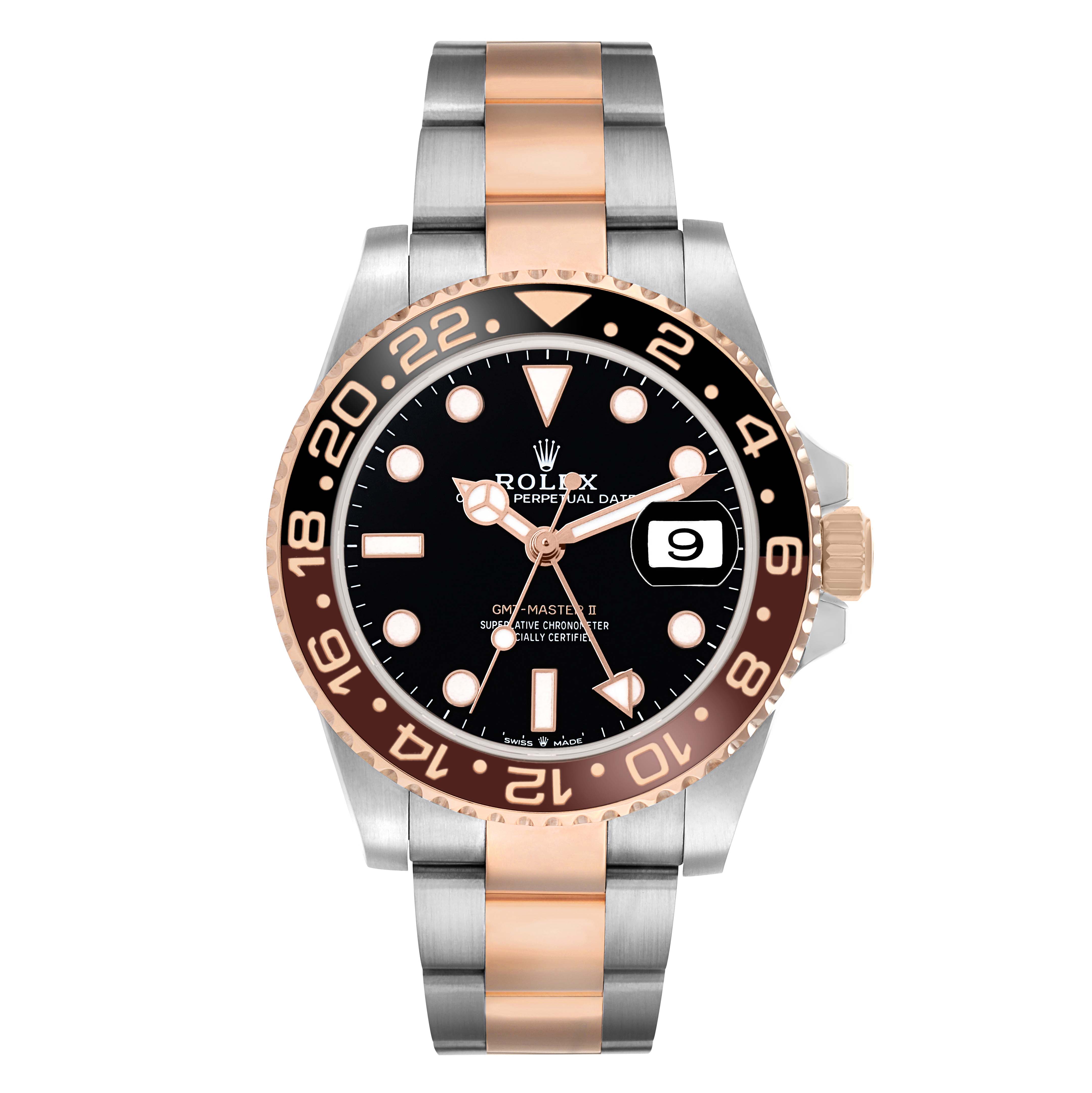 The Rolex GMT-Master 126711 Men
s Steel and Gold (two tone) Black Dial is shown from a frontal angle, highlighting the bezel, dial, and two-tone bracelet.