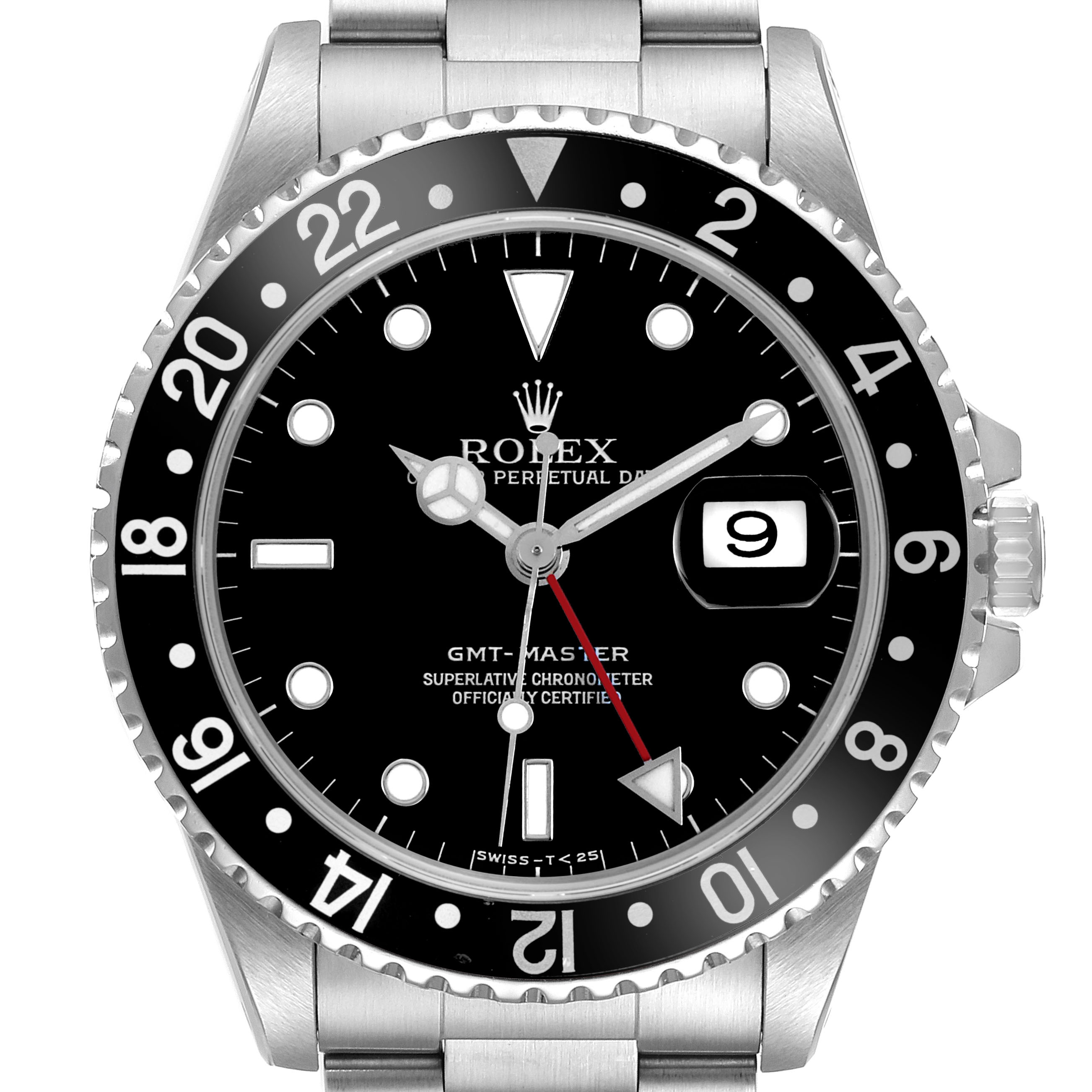 The image shows a front view of the Rolex GMT-Master 16700 Men's Stainless Steel Black Dial, highlighting the black dial, bezel, and date window.