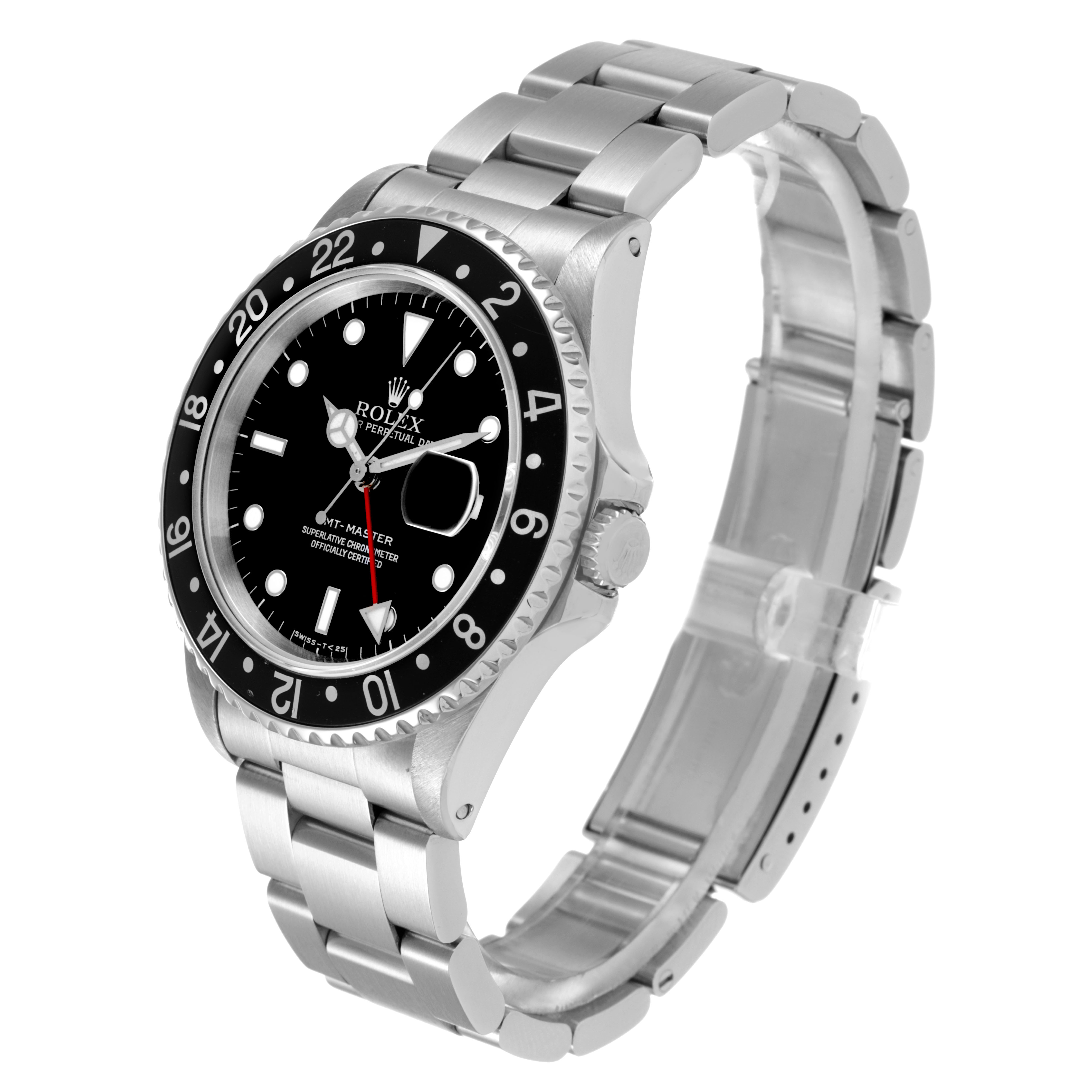 The Rolex GMT-Master 16700 Men's Stainless Steel Black Dial watch is shown at a three-quarter angle, displaying the face, bezel, crown, and bracelet.