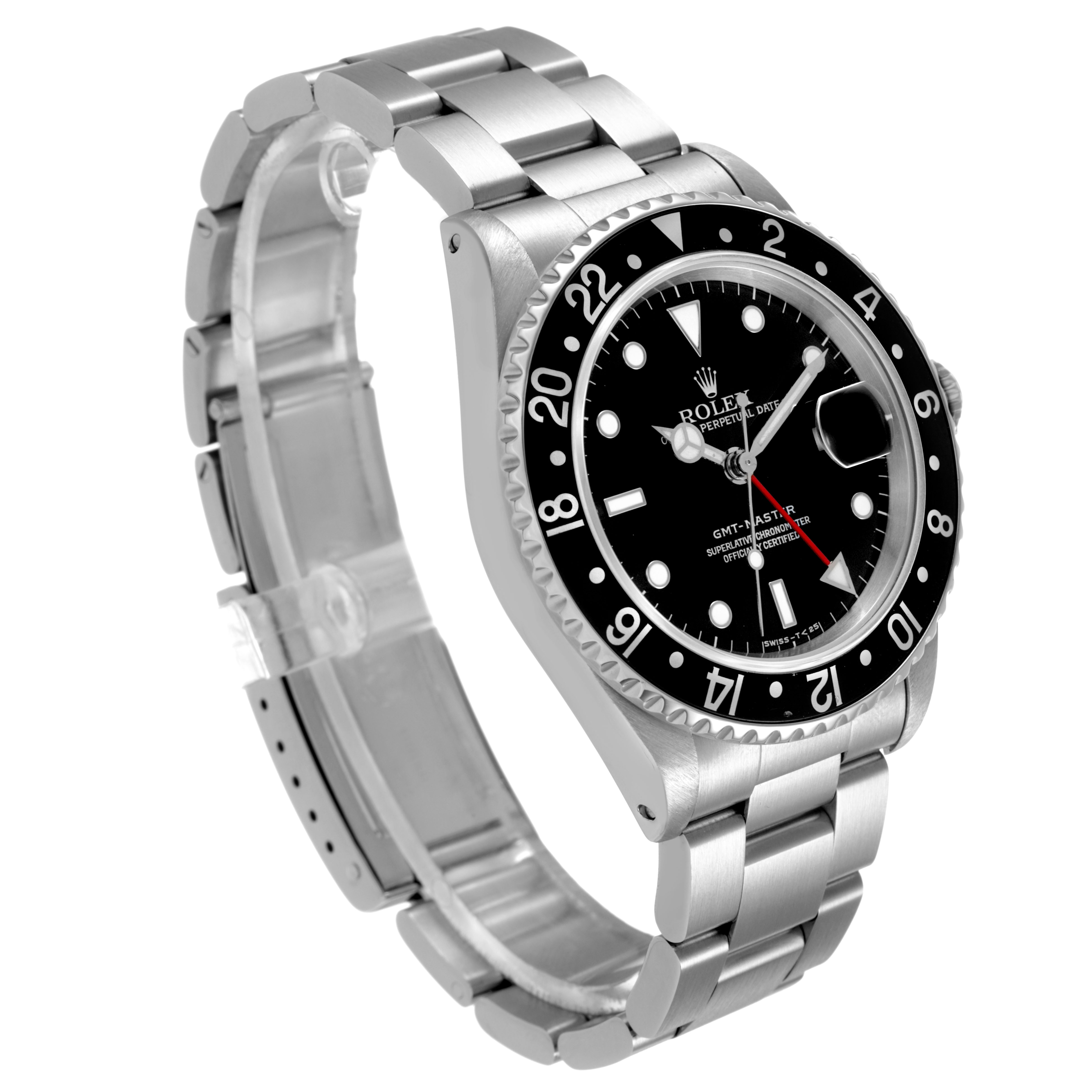 The Rolex GMT-Master 16700 Men's Stainless Steel Black Dial watch is shown from an angled front view, displaying the bezel, dial, case, and bracelet.