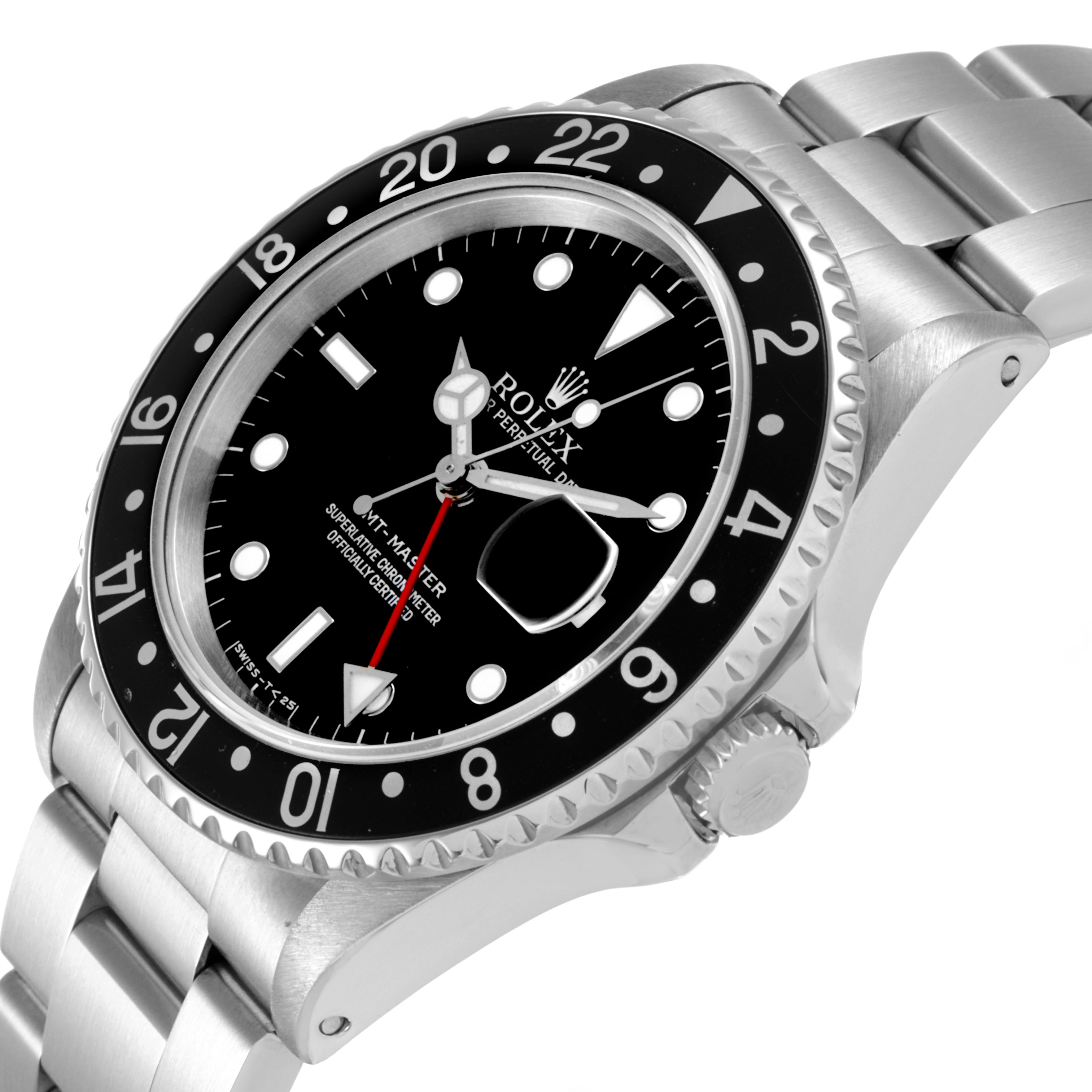 The Rolex GMT-Master 16700 Men's Stainless Steel Black Dial watch is shown at a slightly tilted angle, displaying the dial, bezel, crown, and part of the bracelet.